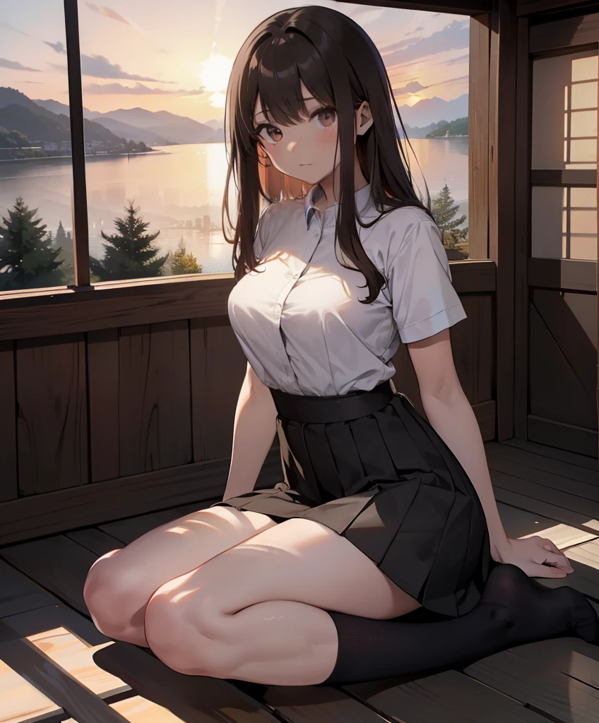 1 girl, (best quality, Beruca, handguard), white headband, black pantyhose, boots, sitting, in front, trees, Mountain, Beautiful landscape in the background, Soft sunset, Subtle reflections on the ground.