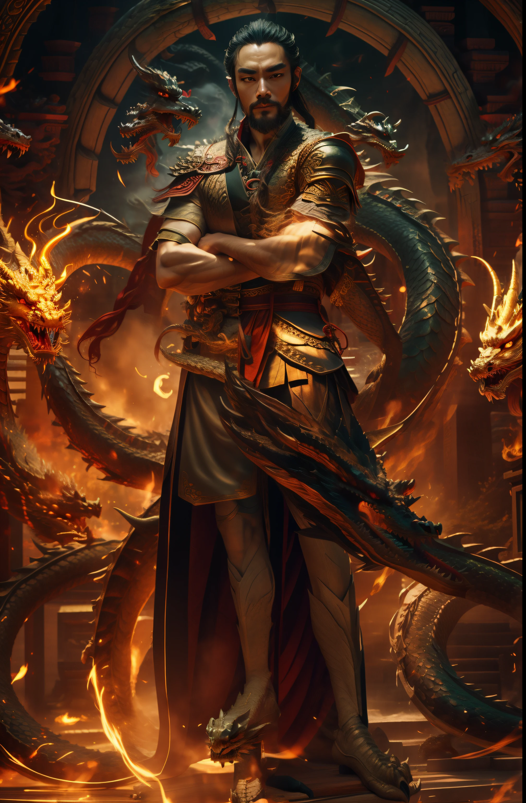 there is a man in a costume standing in front of a dragon, fire-breathing dragon, full portrait of elementalist, full body xianxia, inspired by Zhang Sengyao, inspired by Li Kan, inspired by Huang Shen, loong, inspired by Ju Lian, the dragon girl portrait, inspired by Du Jin, inspired by Lan Ying, heise jinyao, by Yang J, cinematic light, skin tone standard, standard ratio