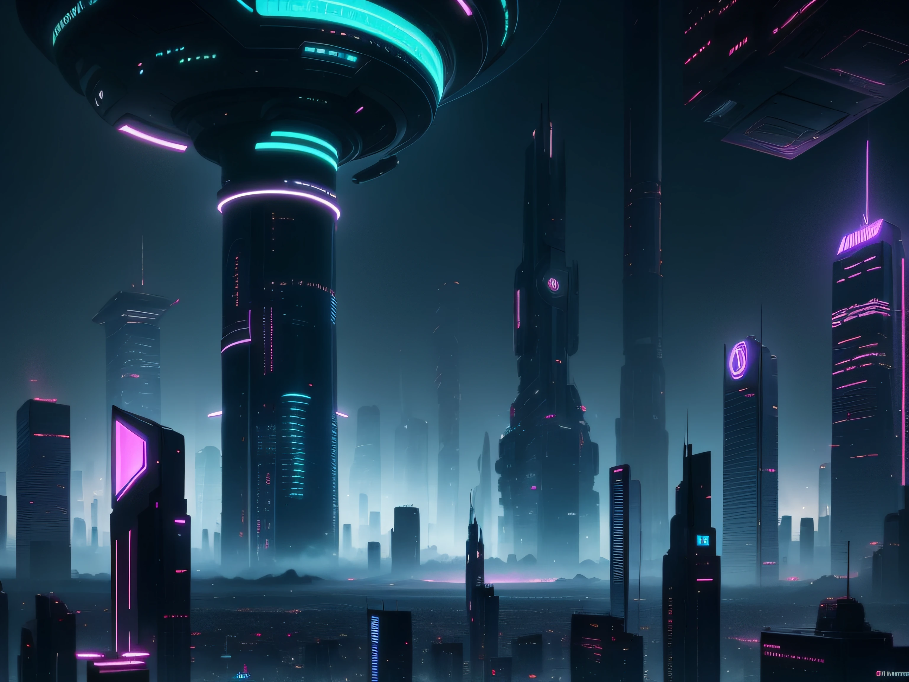 Images of a futuristic and dystopian city of Sidnay, Dark skyscrapers and bright neon lights.