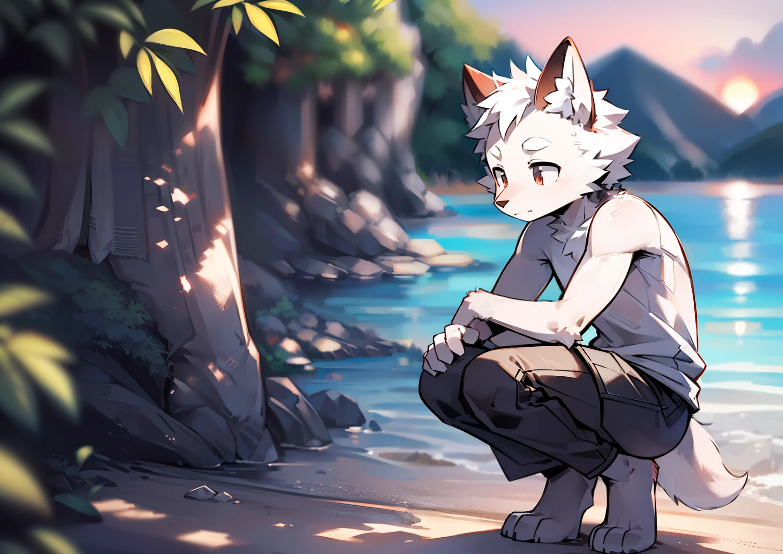 author:Jrjresq, author:Kirito,Libido boy,furry wolf,((Shota)), Black and white hair, Very good figure, Handsome,adolable, Light:Hazy light and shadow, Reflective skin,Reddish skin,((worn-out clothing,Commoner)) ,((beachside,on rock,islands,独奏,solo person)),Outdoor sunset,((the detail)),(depth of fields,People in the distance),squatting pose