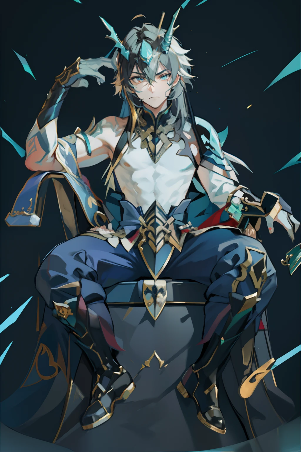 (absurderes,A high resolution,Hyper-detailing,hdr),Dragon's horn,younge boy,tmasterpiece,best qualtiy,1人,独奏,Handsome,Golden eyes,Fine eyes and detailed face,toppless,Tattooed with,arma,seated on a throne,Indifferent and arrogant,Abs,chest muscle,Raised sexy,Ruffian,Show your temperament,Male,masculine appeal,Male characteristics are distinct,Long messy hair,Arrogant,self-assured,Sitting majestically on the throne,Legs crossed,white pantie,supreme,Lazy,Handsome,