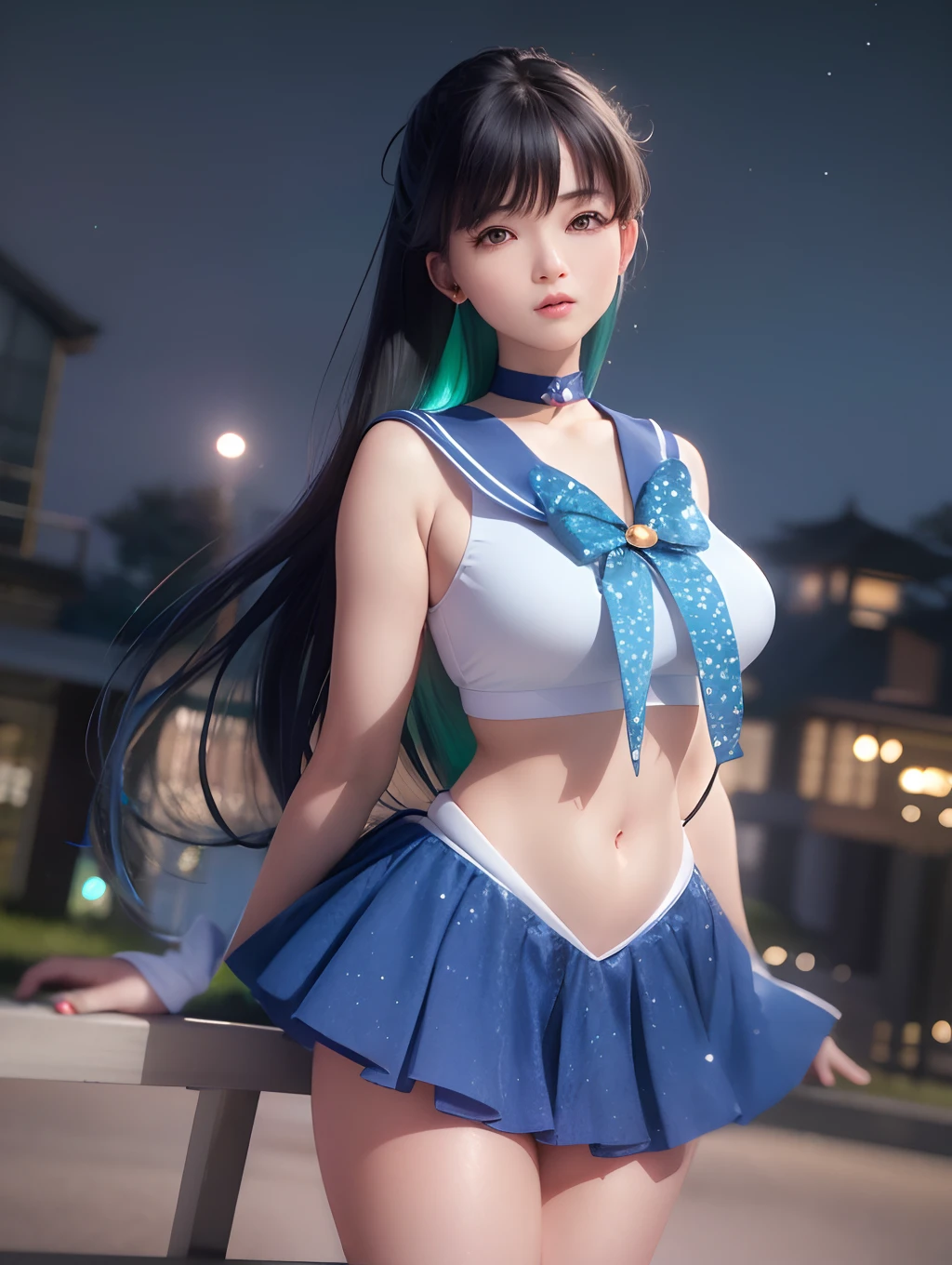 rialistic photo、photographrealistic、An ultra-high picture quality、Ultra mini skirt、Beautiful white shorts、Woman in blue Sailor Senshi Japan posing for photo, Sailor Mercury Cosplay, Sailor Senshi Cosplay, Sailor Venus Cosplay, Ami-chan, Ayaka Cosplay, cosplay foto, Kantai Collection Style, Trending on CGSTATION, full-cosplay, sakimichan hdri, inspired by Leng Mei, Seductive Anime Girl, trending at cgstation