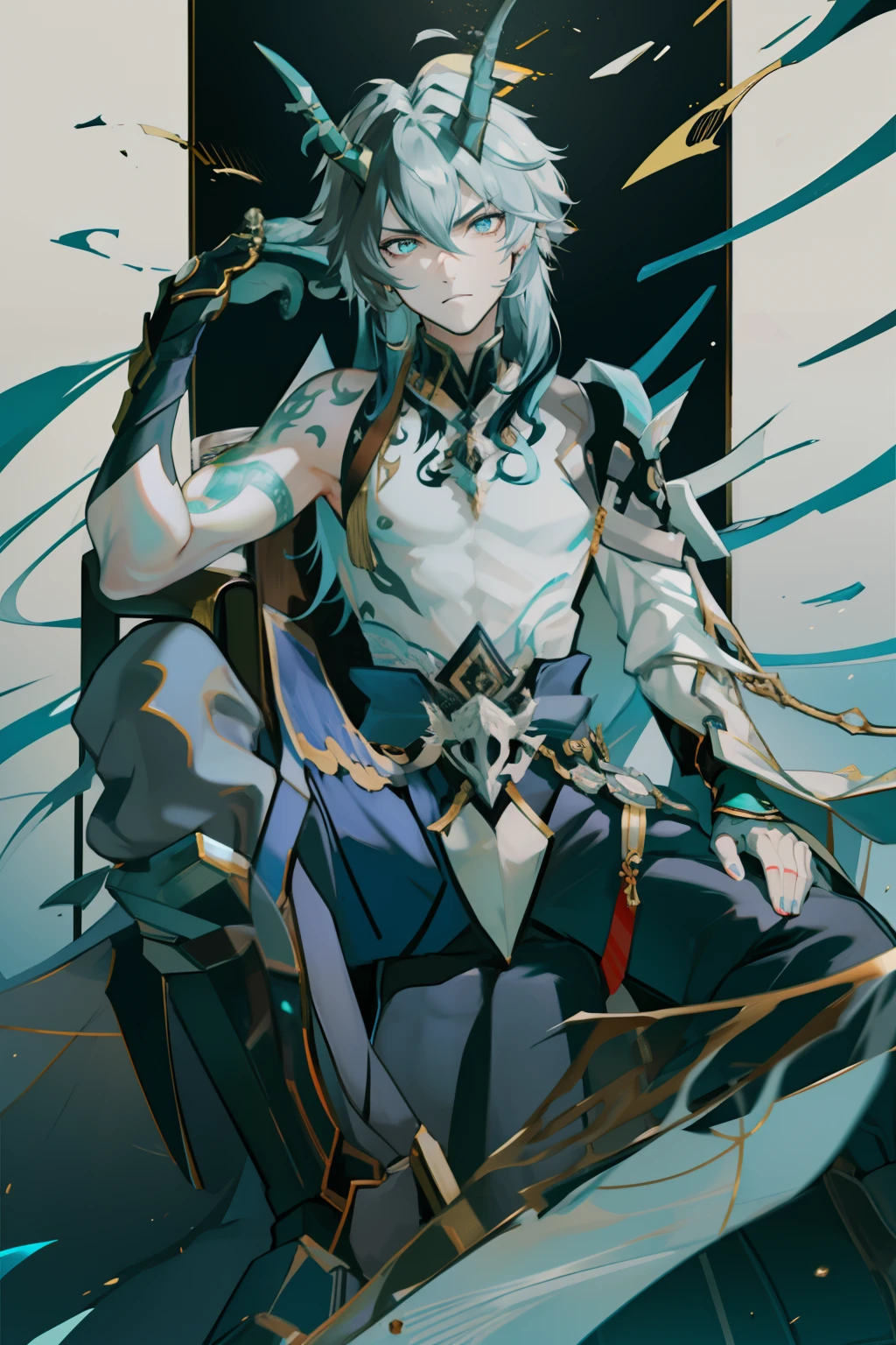 (absurderes,A high resolution,Hyper-detailing,hdr),Dragon's horn,younge boy,tmasterpiece,best qualtiy,1人,独奏,Handsome,Golden eyes,Fine eyes and detailed face,toppless,Tattooed with,arma,seated on a throne,Indifferent and arrogant,Abs,chest muscle,Raised sexy,Ruffian,Show your temperament,Male,masculine appeal,Male characteristics are distinct,Long messy hair,Arrogant,self-assured,Sitting majestically on the throne,Legs crossed,white pantie,supreme,Lazy,Handsome,