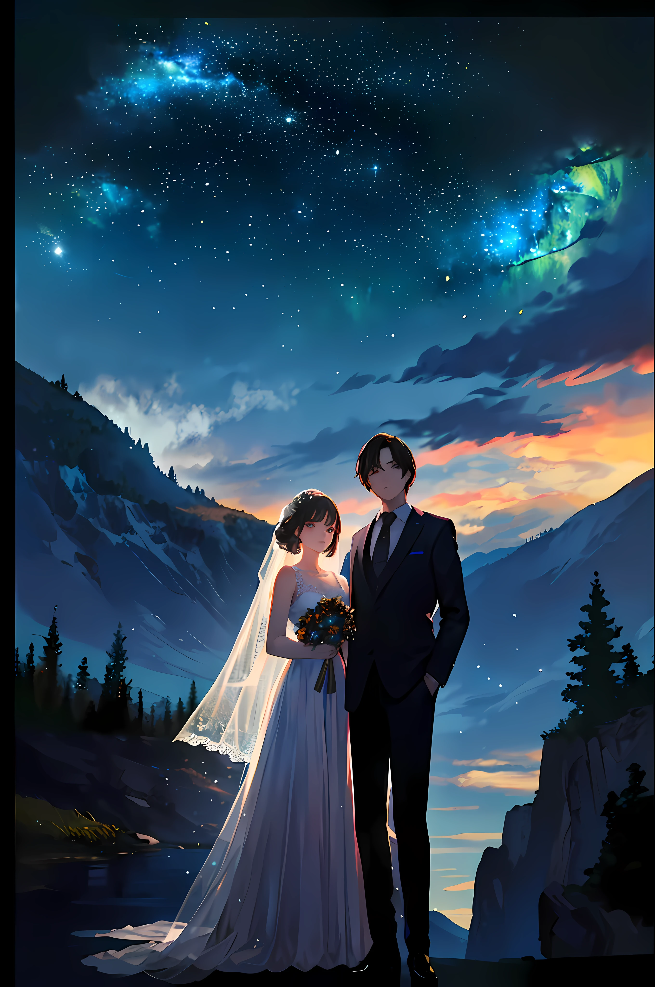 (((quality: Best picture quality))), ((Painting style: 𝓡𝓸𝓶𝓪𝓷𝓽𝓲𝓬)), (newlyweds:1),(Look at the stars at the top of the mountain),(wedding gown),(Business suit),(Shine the stars:1.5), Romantic couple photos, cinematic Film still from