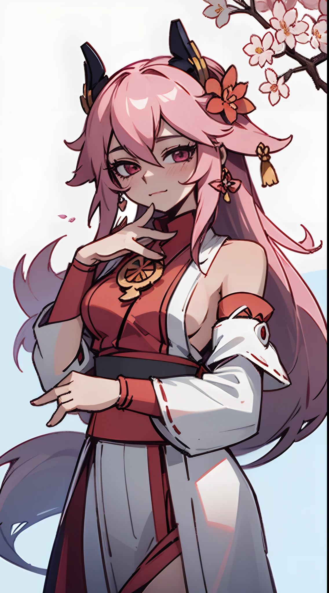 yae miko, 1girl, \n/, animal ears, bare shoulders, blush, breasts, cherry blossoms, closed mouth, detached sleeves, earrings, flower, fox ears, gem, hair between eyes, hair ornament, hand up, japanese clothes, jewelry, kimono, long hair, looking at viewer, medium breasts, miko, nontraditional miko, pink eyes, pink flower, pink hair, purple gemstone, short kimono, sidelocks, smile, solo, upper body, white kimono, ((masterpiece))