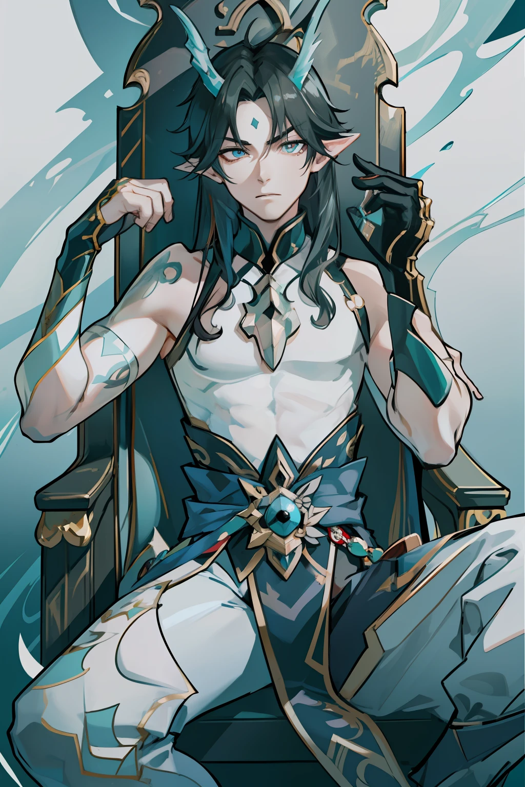 （absurderes，A high resolution，Hyper-detailing，hdr），Dragon's horn，younge boy，tmasterpiece，best qualtiy，1人，独奏，Handsome，Golden eyes，Fine eyes and detailed face，toppless，Tattooed with，arma，seated on a throne，Indifferent and arrogant，Abs，chest muscle，Raised sexy，Ruffian，Show your temperament，Male，masculine appeal，Male characteristics are distinct，Long messy hair，Arrogant，self-assured，Sitting majestically on the throne，Legs crossed，white pantie，supreme，Lazy，Handsome，