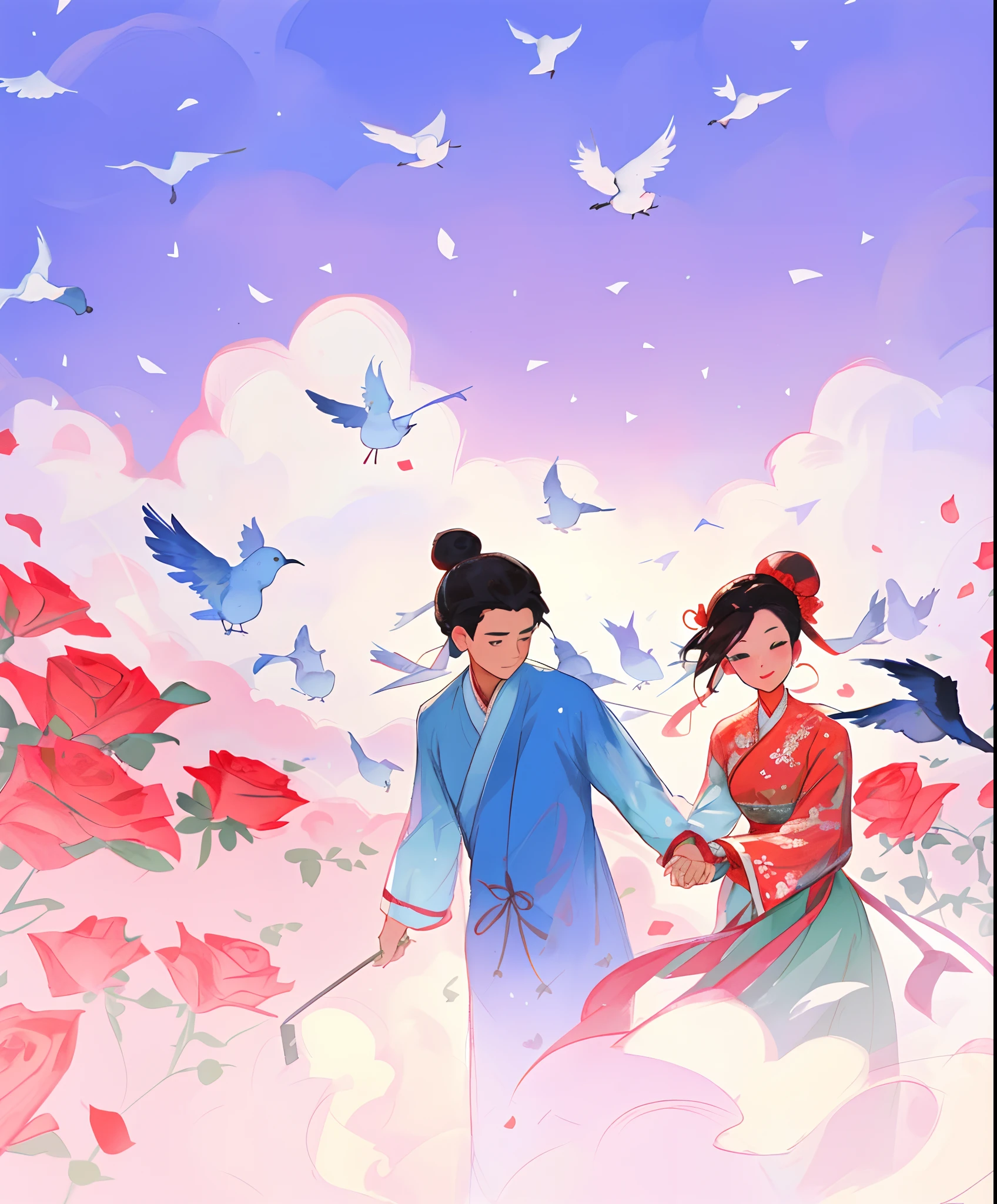 A man and a woman holding hands,Walk on many roses,Surrounded by birds,chinese ancient costume,(hair-bun) official fanart, Inspired by Disney, Beautiful chinoiserie illustration, , boy girl traditional romance,8K,high qulity