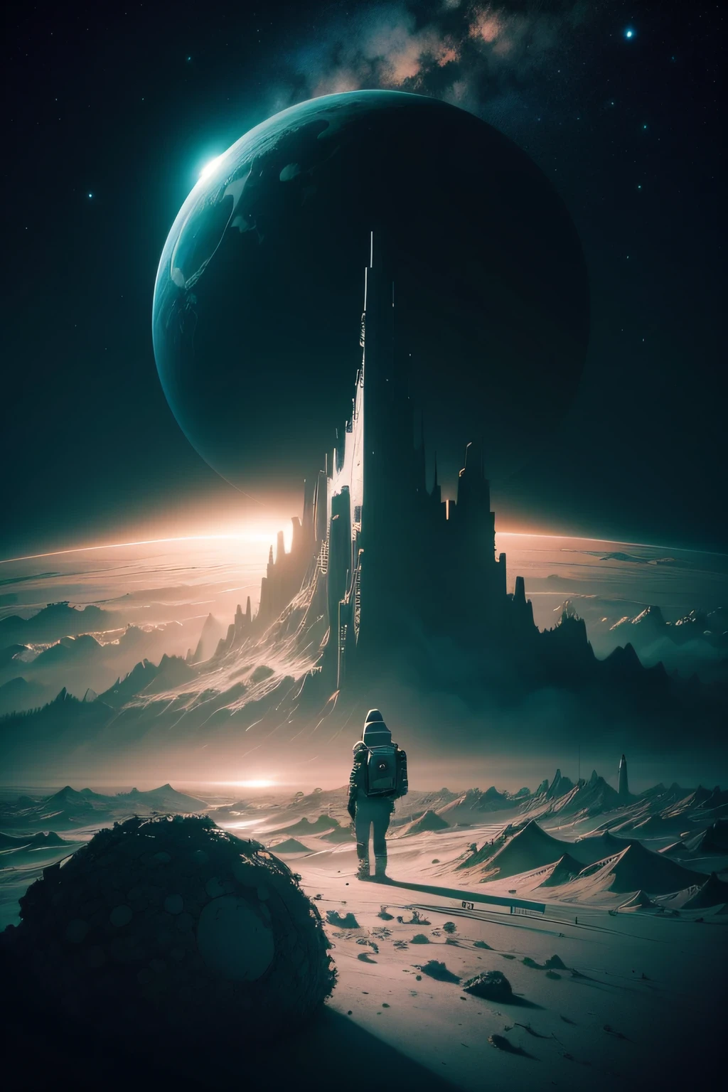 The camera is positioned in space, looking down on a dying Earth. The shot is captured using a high-resolution digital camera with a wide-angle lens, emphasizing the vastness and emptiness of space. The shot is treated with a gritty, high-contrast film look that adds to the stark and bleak atmosphere. The overall effect is inspired by the post-apocalyptic style of sci-fi artist Simon Stlenhag and documentary photographer Sebastio Salgado