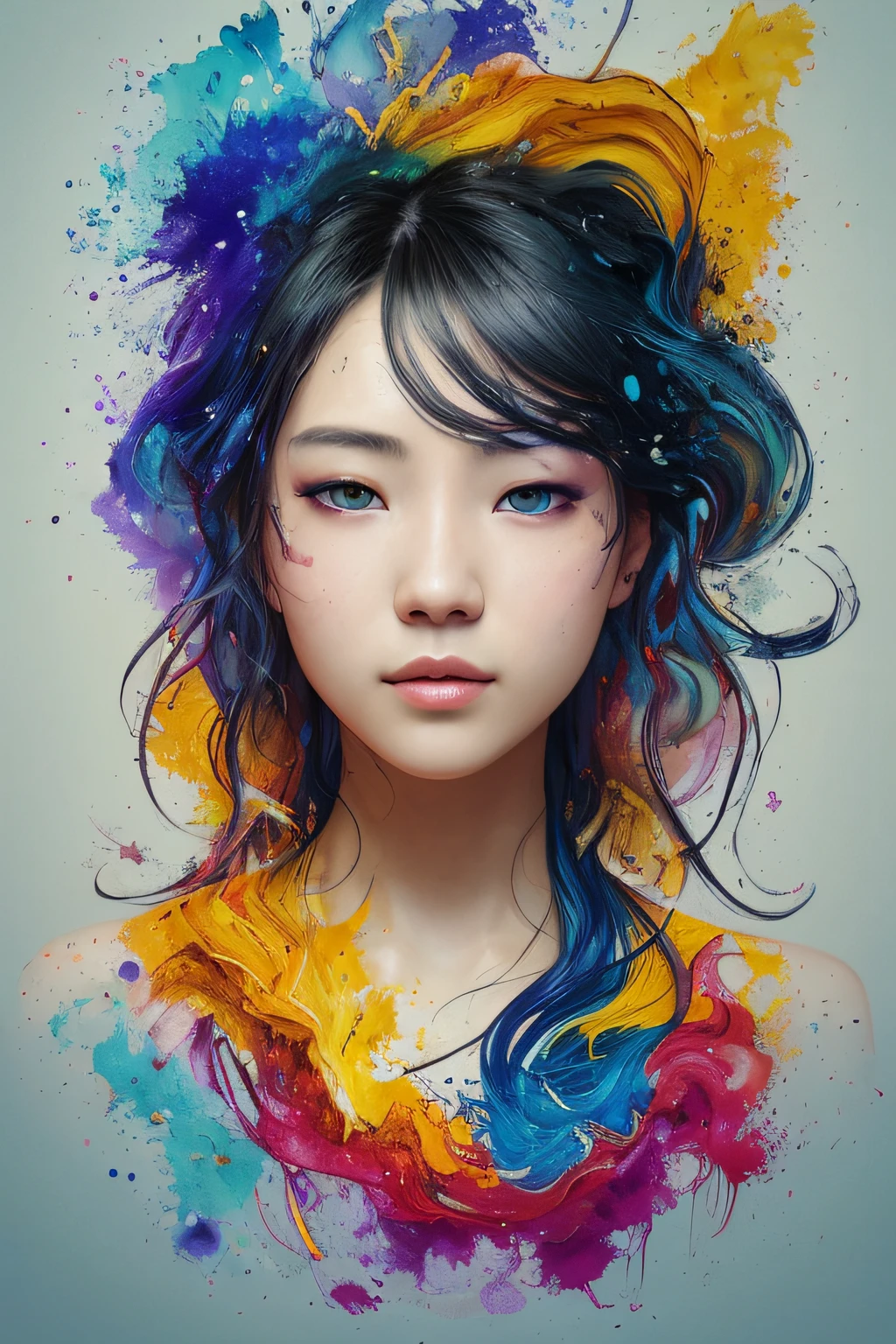 Colorful beautiful girl: a 25-year-old girl, Chinese, small eyes, single eyelids, danphoenix eyes, messy hair, oil painting, perfect face, soft skin perfect face, blue-yellow, light purple and violet addition, light red addition, intricate details, splash screen, 8k resolution, masterpiece, cute face, artstation digital painting smooth very black ink flow: 8k resolution realistic masterpiece: intricate fluid gouache: by Jean Baptiste Mongue: Calligraphy: Acrylic: Watercolor Art, Professional Photography, Natural Daylighting, Volumetric Lighting Minimalist Photography Illustration: by Marton Bobzert: , Complex, elegant, expansive, dreamy, wavy hair, full of energy