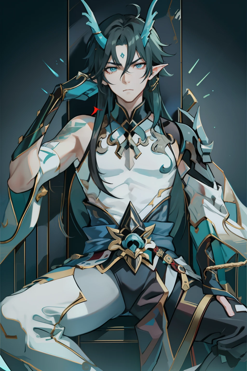 Black long hair, green eyes, dnd male halfling, wings on back, androgynous, full body portrait, flat chest, defined muscle, smiling, nsfw, bulge