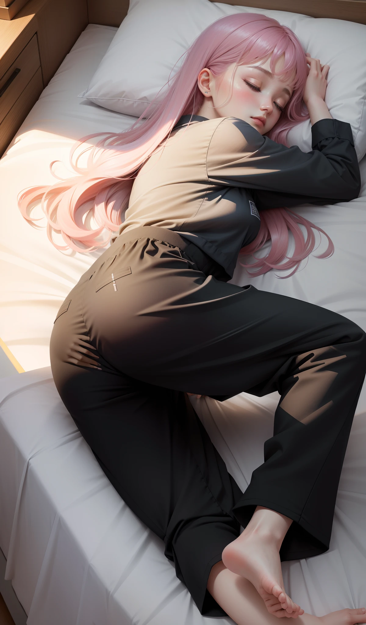 Sleeping girl，22 year old，realisticlying，She wore long trousers，Wear black pajamas，A pink-haired。