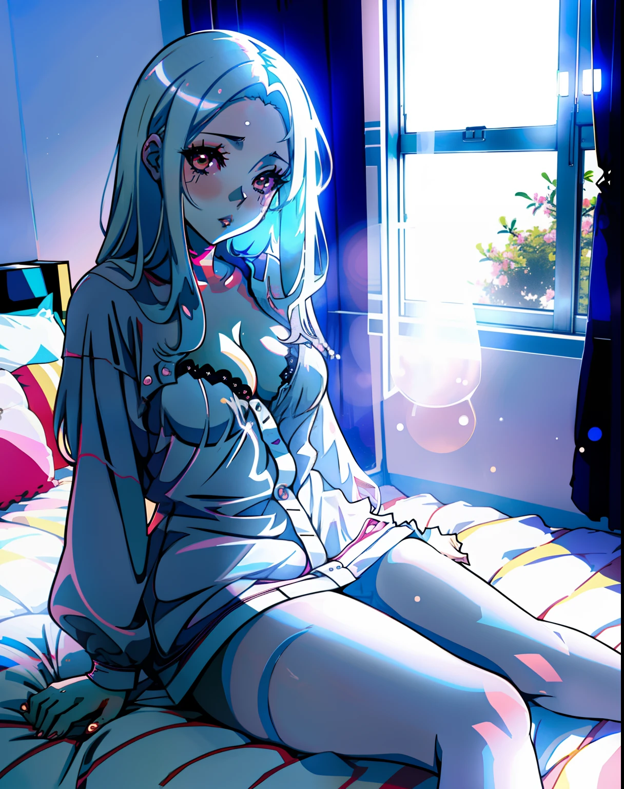 sentada en la cama, seductora chica de anime, Hermosa chica de anime en cuclillas, en Medias Blancas, , sentada en su cama, Hermoso y atractivo anime adolescente, sitting in her room, Hermosa y seductora mujer de anime cabello rubio, francesa