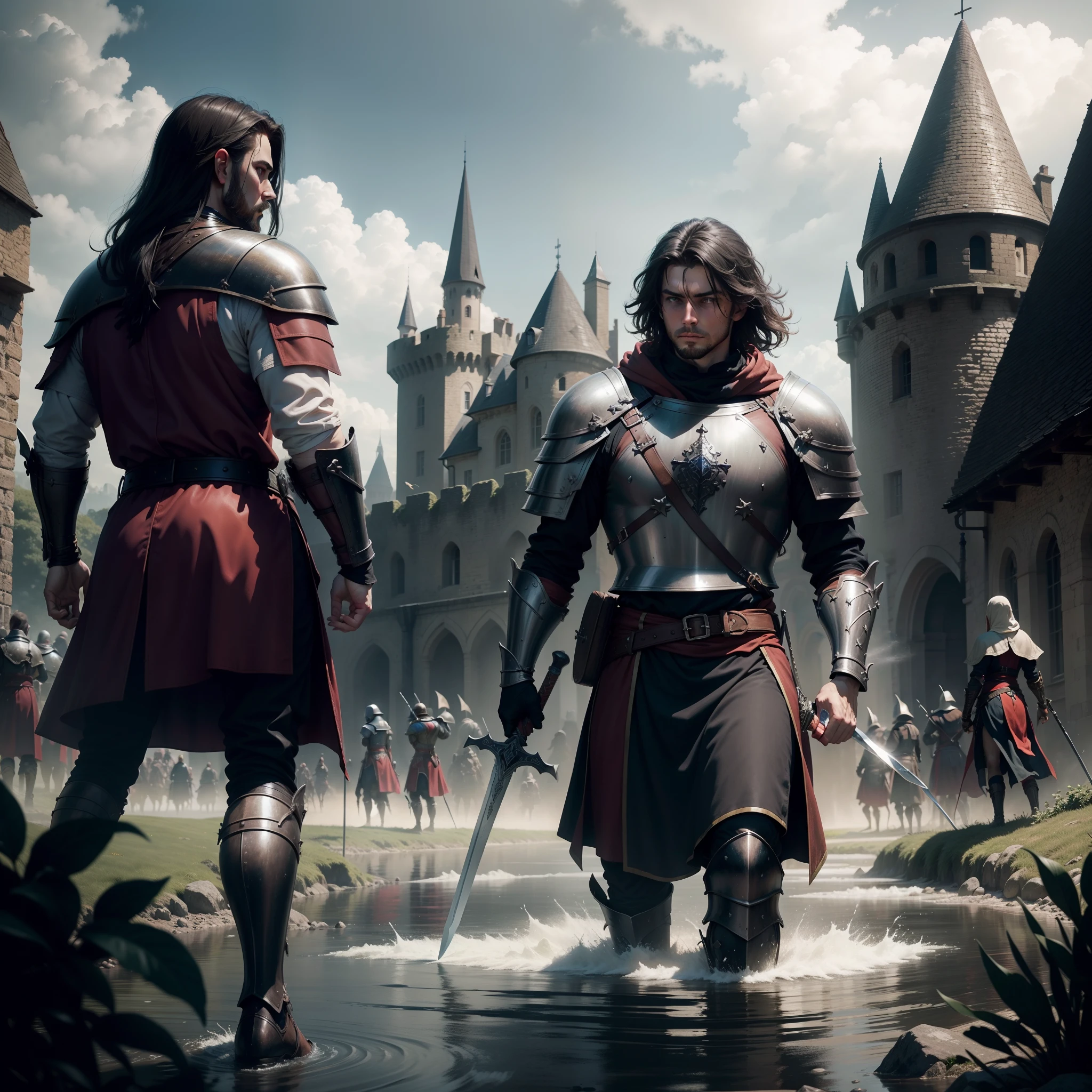 Medieval war castle invasion battle warriors crowd cover sword shield landscape gorgeous single water fight 4k beauty dark sky book cover elite male warriors