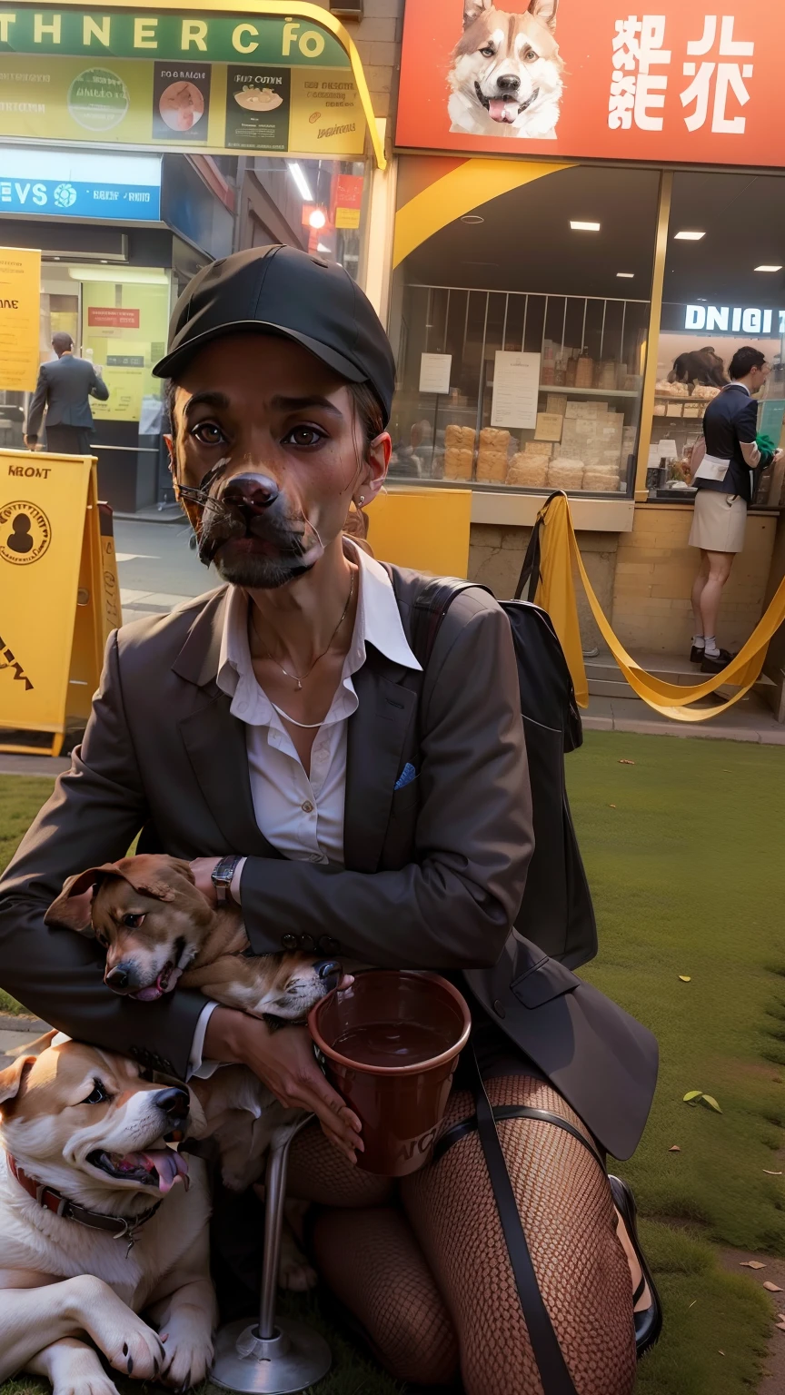 The face is fierce,Wear a suit,There was a dog standing next to it