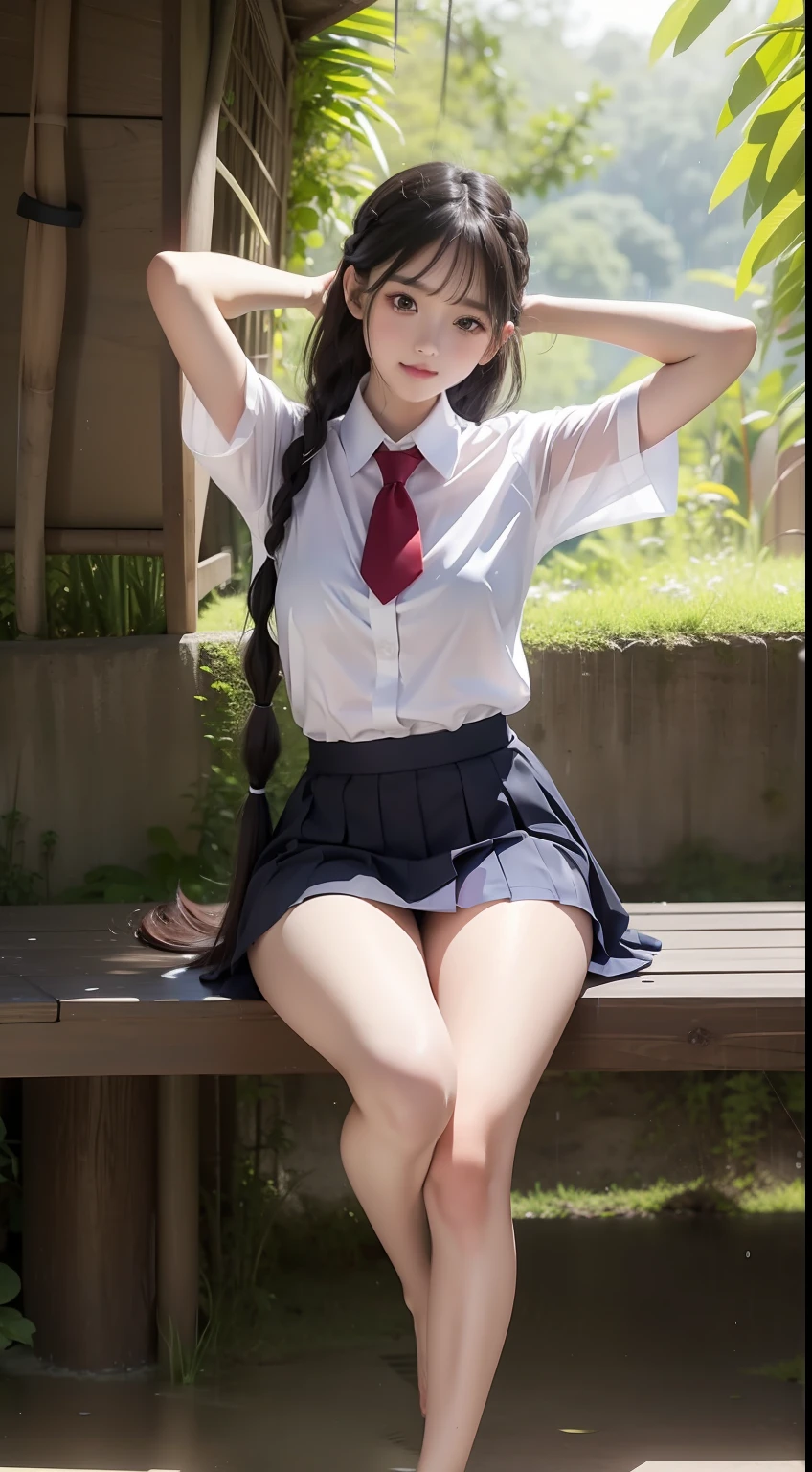 4K Ultra HD, JK school uniform,Superskirt,Masterpiece, Cute girl s, ,Good student,Nice face, Detailed eyes, Twist braids,Hair spreads, high light, Lighting effects, glimmering, Realistic background, Blossom, rays of sunshine, schools,On the way from school,Full body capture, You can see barefoot, pretty legs, panties are visible,Black brown hair,bamboo forrest,Look at the armpits from the short sleeves,Armpit hairy,Turbulent posture,Spread your legs,dewpoint,Raise your left leg high,Pubic hair exposed,Flesh-colored panties,very heavy rain,No umbrella,Get wet with water,Slip and fall