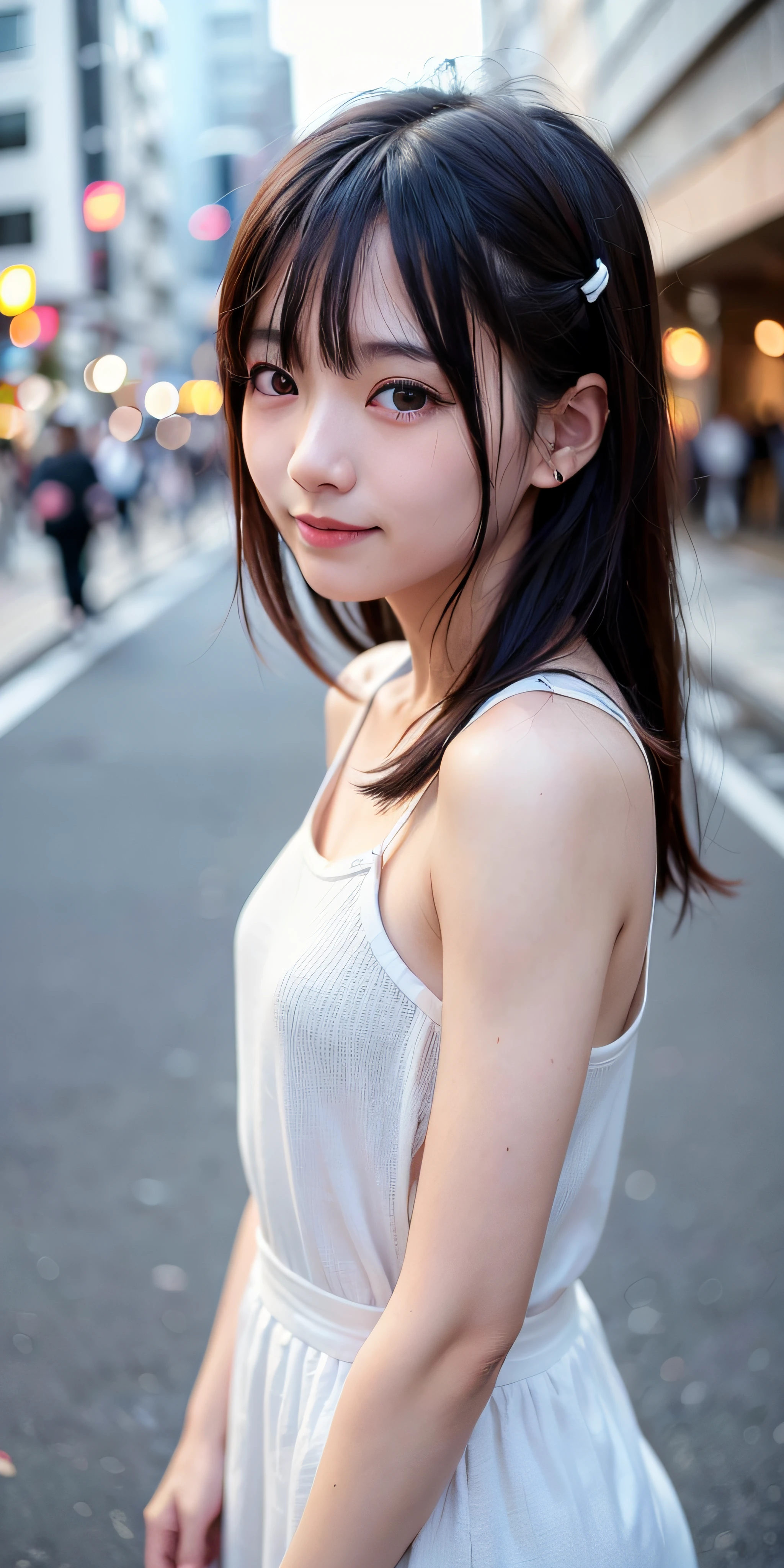 女の子1人、on tokyo street、natta、A city scape、city light、The upper part of the body、a closeup、A smile、、(8K、Raw photography、top-quality、​masterpiece:1.2)、(realisitic、photoRealstic:1.37)、Highly detailed eyelash drawing、(((Top image quality))),