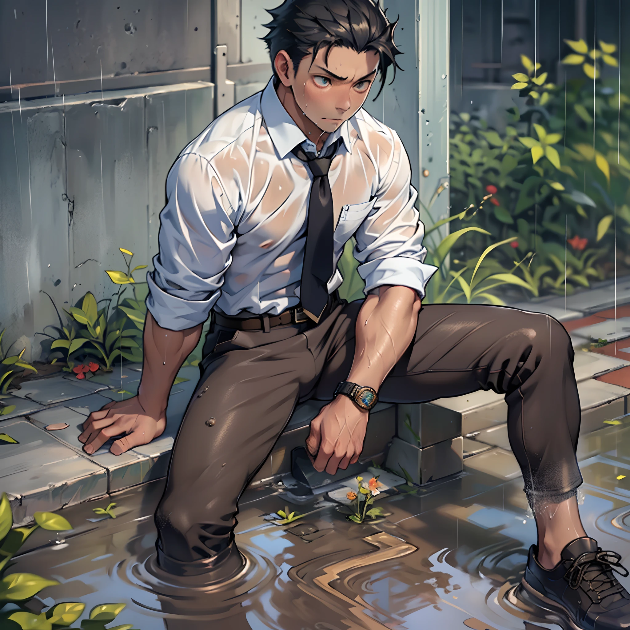 (1 Adult male),A high resolution, Sharp focus, Pixiv masterpiece, ((Complicated details)), highly detailed, natsuki_subaru, 1 man,Lying in the mud, Nervous,full bodyesbian, Golden eyes(eyes glowing), Short blue hair,white shirt,Wear a tie,Wear a belt,perspire,rain,Drenched,Sweaty crotch,Urine flows from the crotch,pissing,Pee on the legs,Urine clumsily runs down the thighs,Lie down,legs separated,Pants are wet,Wet diapers,exhilarated,is shocked,panicking,worry,A small puddle of your own urine forms under your feet