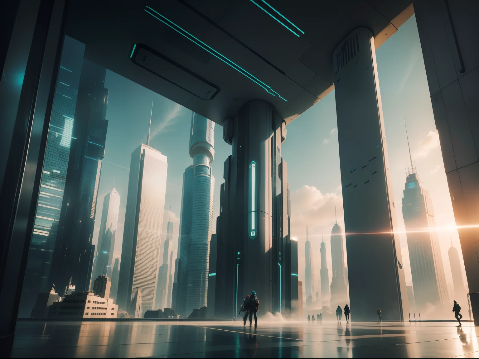 Create a photo-quality image of a futuristic city, Tall buildings with aesthetic designs that defy gravity but from a dystopian concept, con colores propios de un atardecer, lluvia, Lights of the city Pùrpura, metallic greens and blues. It also incorporates vehicles and public transport systems such as subways or minibuses also with futuristic styles..