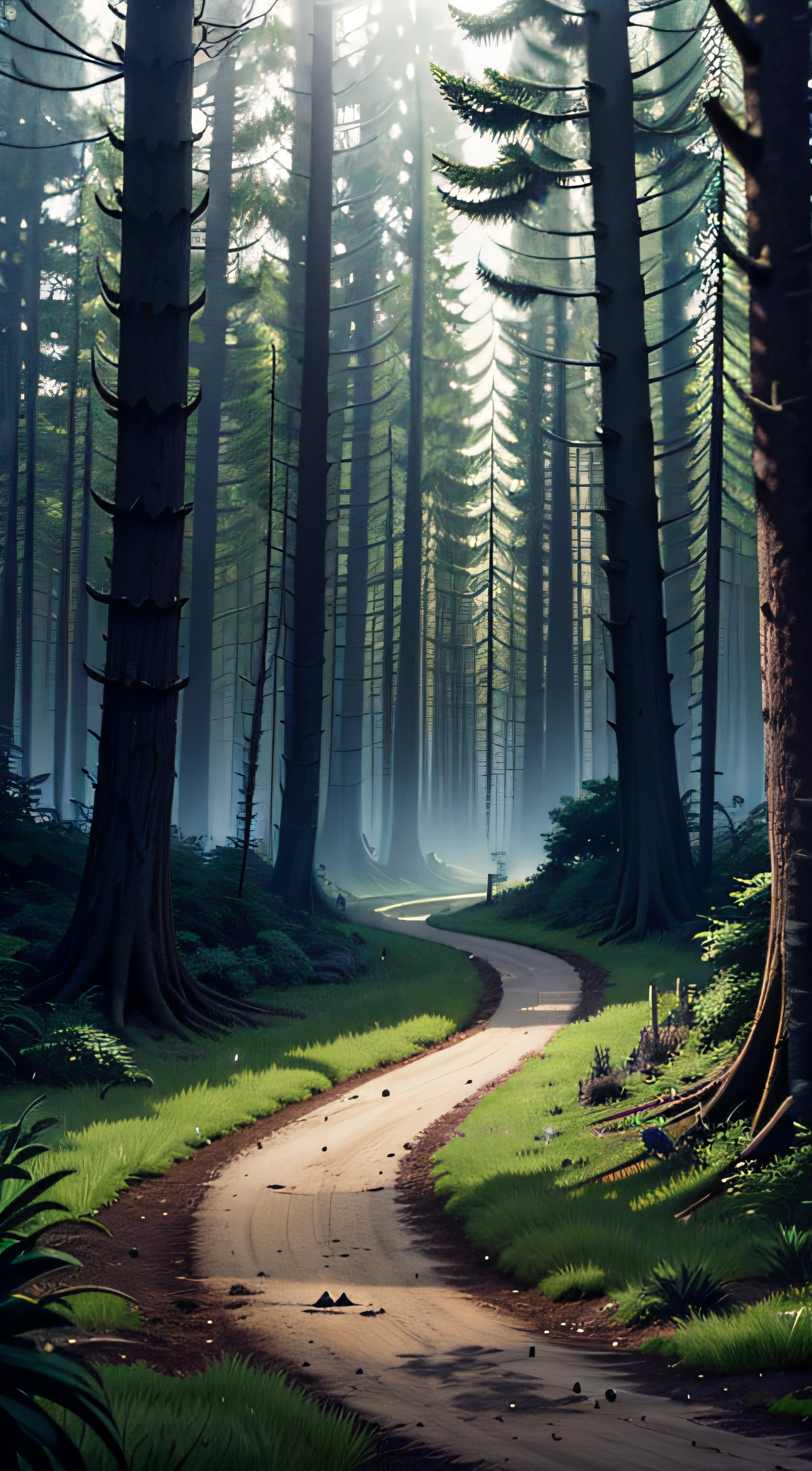 dark forest, dense trees, broken wooden fence, morning, dirt trail, bushes, dark grass, ominous tone, deadly creatures