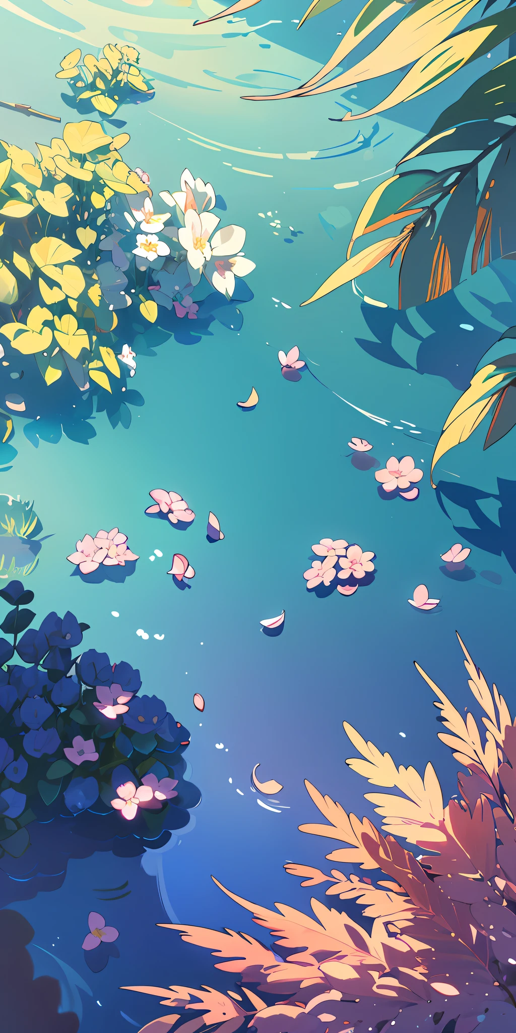 Masterpiece, best quality, (very detailed CG unity 8k wallpaper) (best quality), (best illustration), (best shadows) Nature', blue sea,delicate leaves petals of various colors falling in the air light Tracking, super detailed --v6
