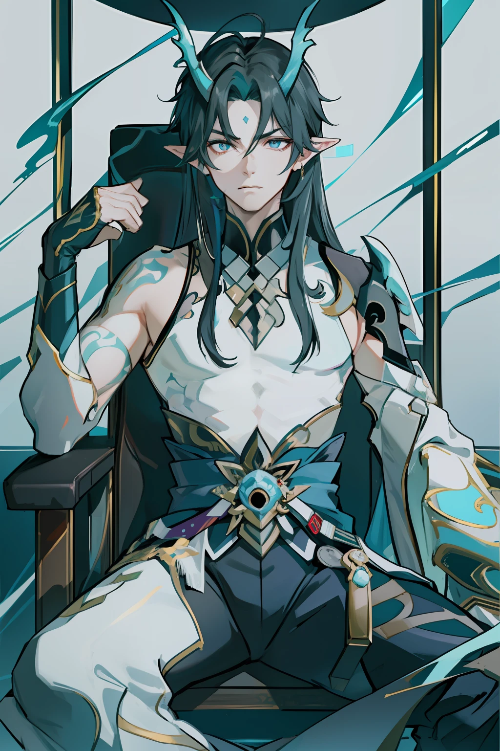 (absurderes,A high resolution,Hyper-detailing,hdr),Dragon's horn,younge boy,tmasterpiece,best qualtiy,1人,独奏,Handsome,Golden eyes,Fine eyes and detailed face,toppless,Tattooed with,arma,seated on a throne,Indifferent and arrogant,Abs,chest muscle,Raised sexy,Ruffian,Show your temperament,Male,masculine appeal,Male characteristics are distinct,Long messy hair,Arrogant self-confidence,Sitting majestically on the throne,Legs crossed,white pantie,supreme,Lazy