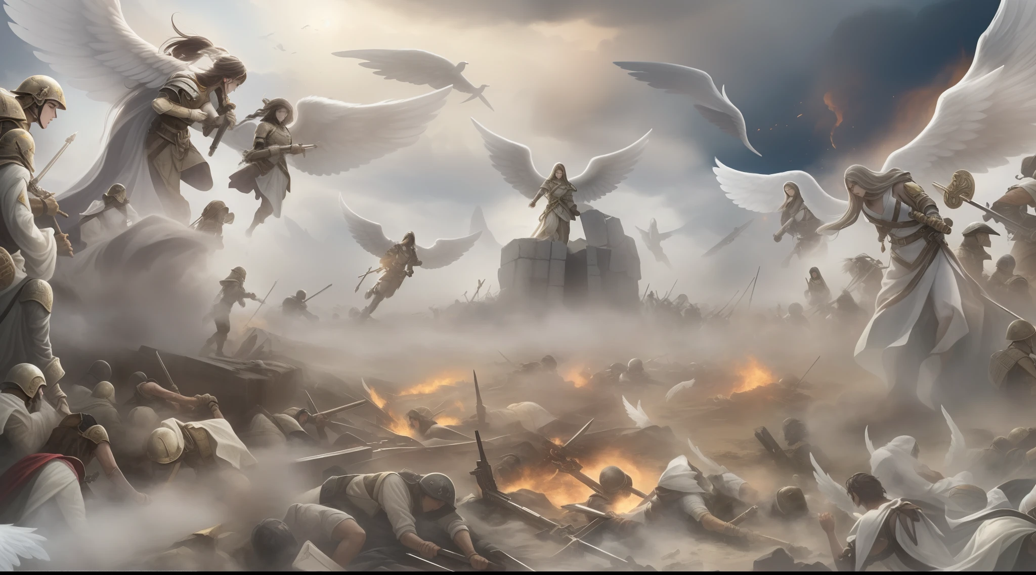 Create an epic Bataha image of a place called Armageddon., Remarks from the Apocalypse, Depressive environment, Lots of dust and fog,Ultra-realistic images, Thousands of soldiers dressed as heavenly angels on the battlefield in battle positions, Thousands of soldiers ready to attack,, Many soldiers dressed in white with angels, The perfect angel face,Thousands of angels with the skin of an angel's perfect face, Perfect Angels, Fight with the weapons of colorful ancestors, Battle of Armageddon.