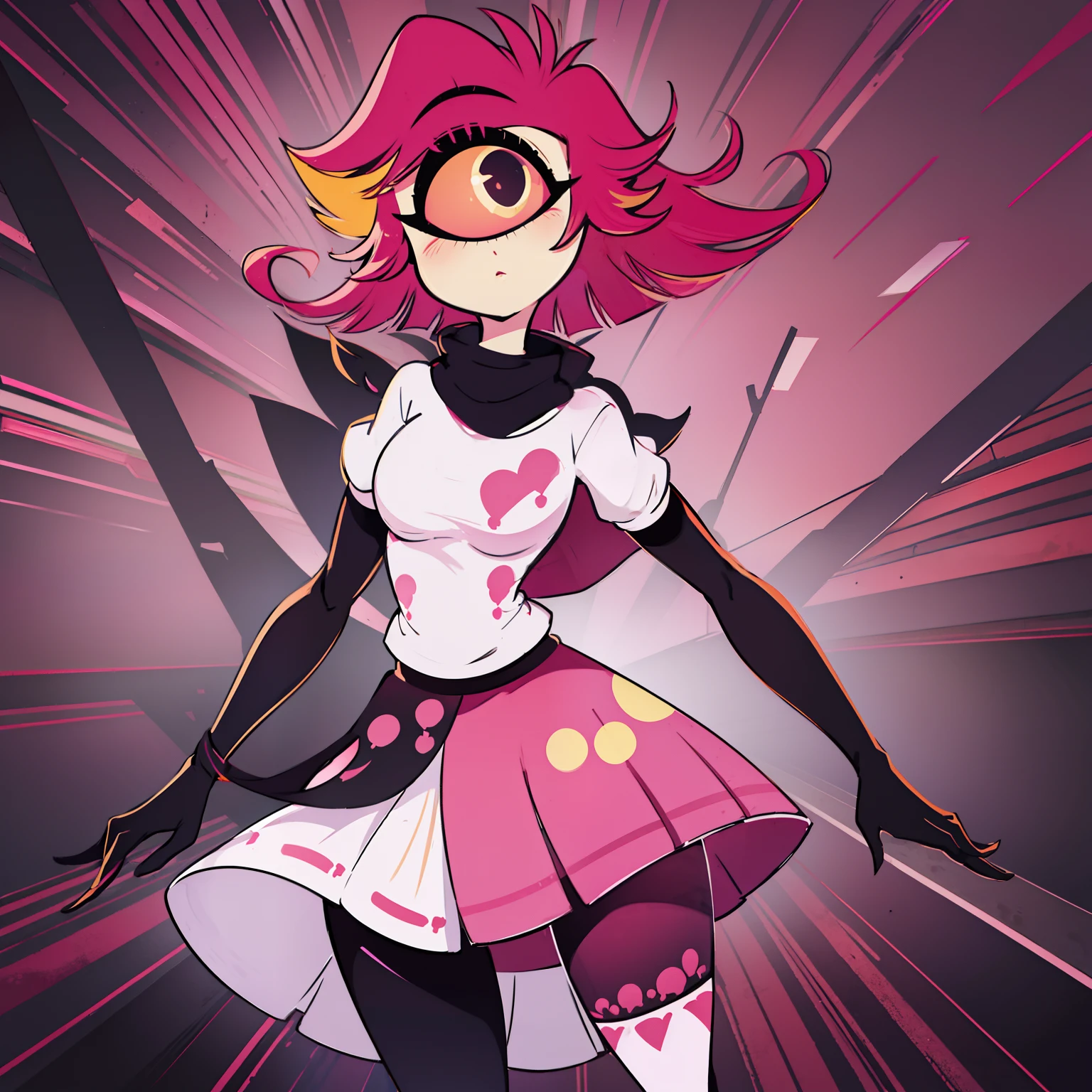 Niffty, 1girl,
(OriginalOutfit), (white shirt, pink skirt, gloves, black tights), cyclops, portrait, perfect anatomy, ai's pose