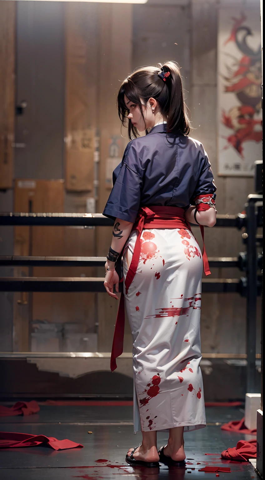 A murderous Japanese woman in a martial arts gym,barechested,Tattoos are exposed,Japan Female Samurai,He was bandaged,angry look,Mixed Korean,The background is blurred out,focal,电影灯光,(((tmasterpiece))), ((best qualtiy)), ((Complex and detailed)), ((ultra-realistic realism)), Ridiculous resolution, A MILF, Mature woman, ssee-through, highly detailed, illustratio, 1girll, (huge tit), Thin waist and thick hips,long leges,beatiful detailed eyes, short detailed hair, brunette color hair, a purple eye, The movie character kills Bill,Blood stained the martial arts hall,The body was splashed with blood,The ground was covered with corpses,Hands clenched into fists,Put on a fighting move,Scarred figure,Bloody violence,Sexy and feminine,(No underwear),pantiess, detailed back ground, perfect eyes, Seductive eye, looking at viewert,