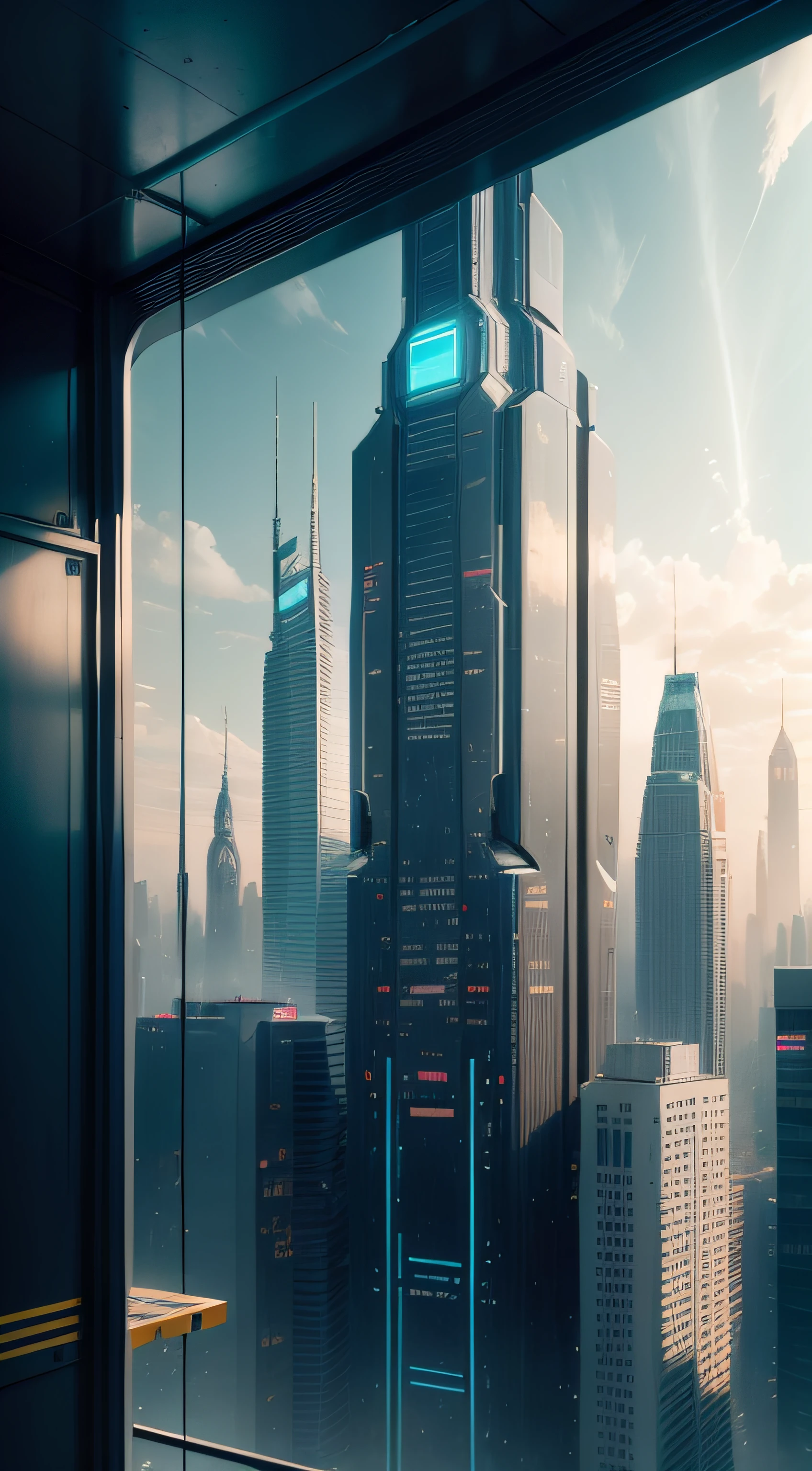 Create a photo-quality image of a futuristic city, Tall buildings with aesthetic designs that defy gravity but from a dystopian concept, con colores propios de un atardecer, lluvia, Lights of the city Pùrpura, metallic greens and blues. It also incorporates vehicles and public transport systems such as subways or minibuses also with futuristic styles..