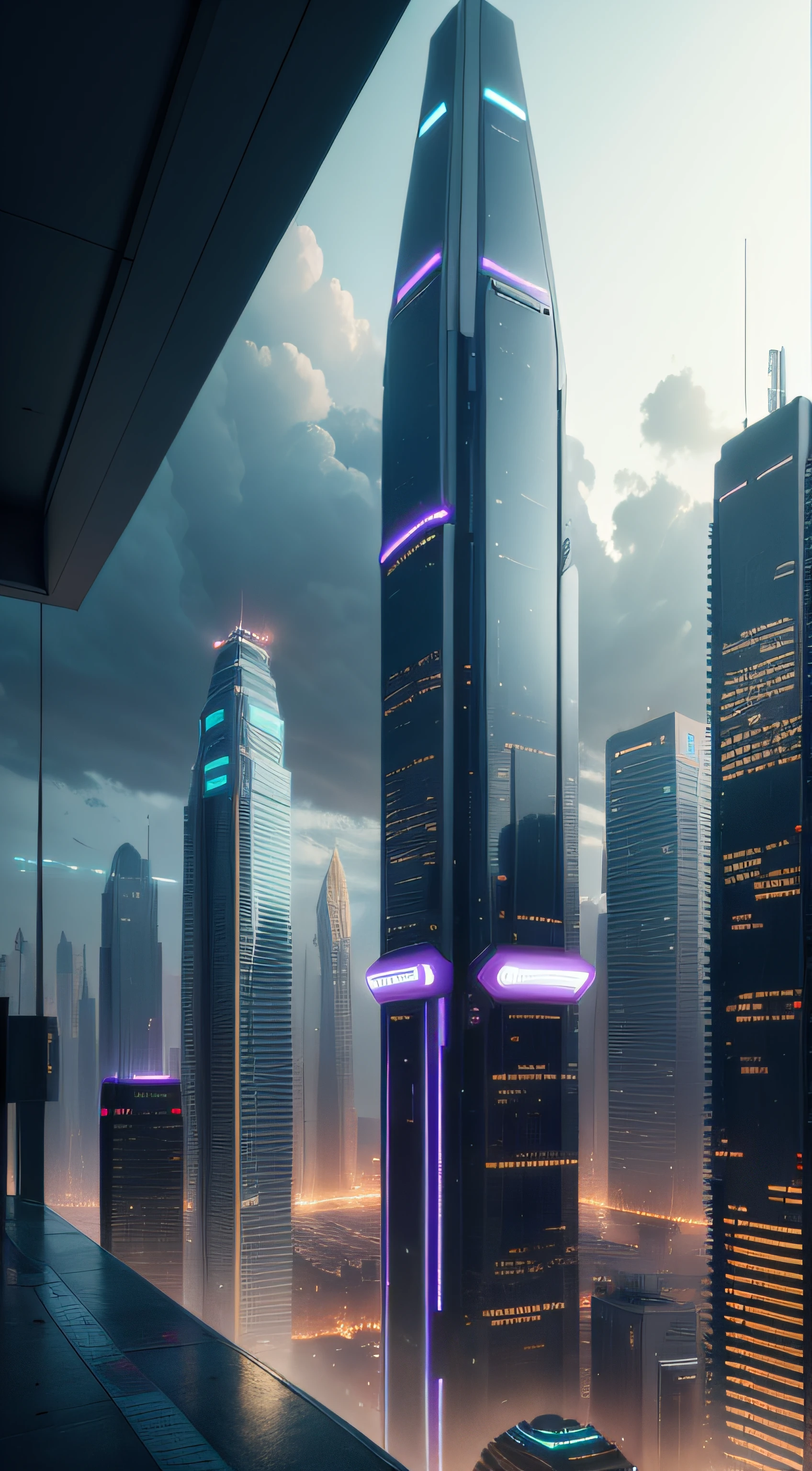 Create a photo-quality image of a futuristic city, Tall buildings with aesthetic designs that defy gravity but from a dystopian concept, con colores propios de un atardecer, lluvia, Lights of the city Pùrpura, metallic greens and blues. It also incorporates vehicles and public transport systems such as subways or minibuses also with futuristic styles..