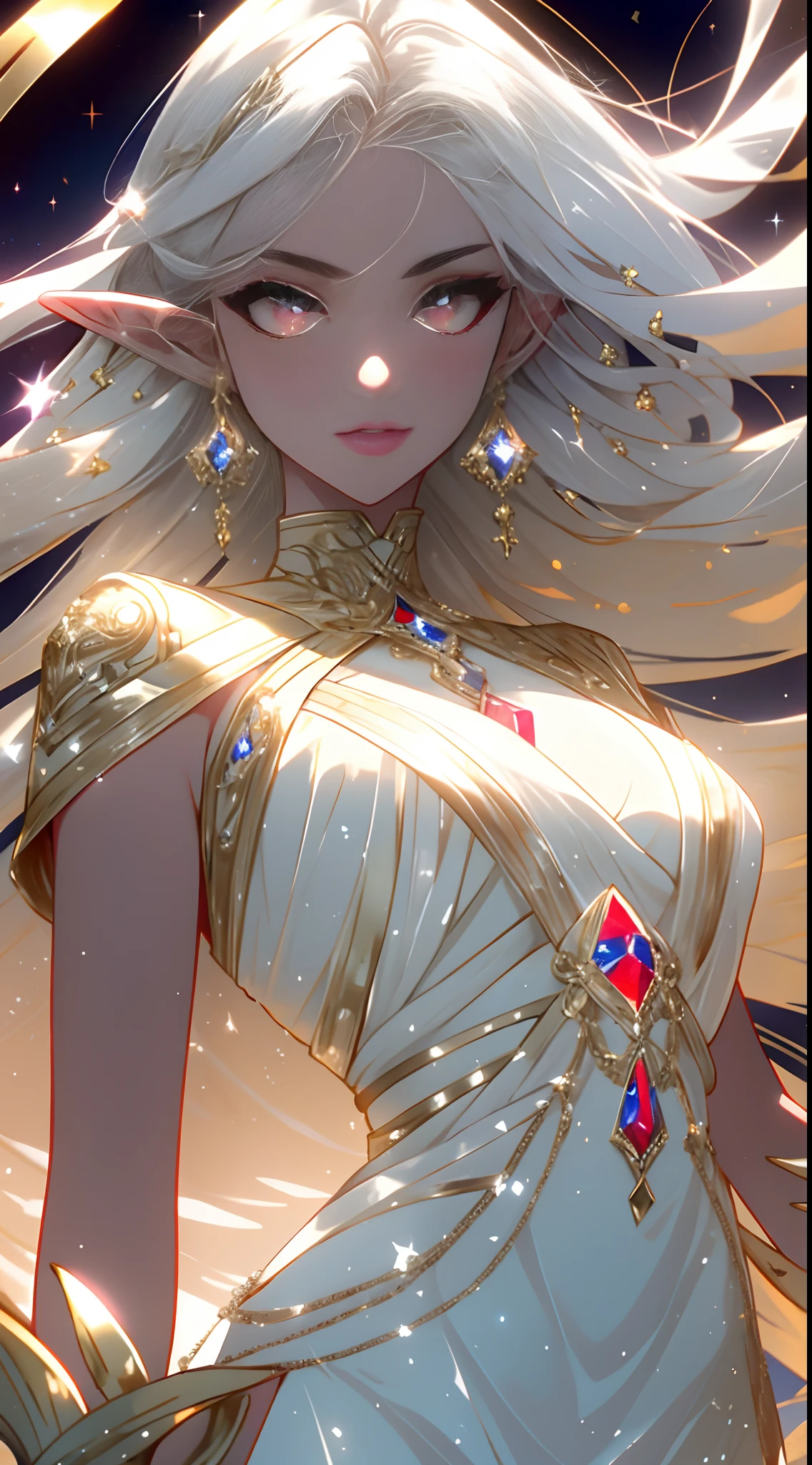 (simple hands:0.5)+(detailed hands:0.7), (masterwork), (best quality), white hair, red eyes,1girl, pale skin, white hair, red eyes, two tone hair, eyelashes, bracelet, jewelry, smile, gleaming skin, shiny hair, detailed and majestic stage, Fantasy, Long Hair, 1 girl, two-tone hair, night sky, Incredibly detailed CG illustration masterpiece, looking at you, anime, beautiful anime eyes, beautiful detailed eyes, eyes, glittering eyes, red eyes, galaxy, nebula, (full body), (curvy), POV, wet neckline, (thick thighs), 4k hd, ultra realistic, perfect body, perfect lips, perfect nose, perfect eyes, looking at the viewer, dress, elegant dress, Soft Dress, Long dress, Elf, Elf ears,