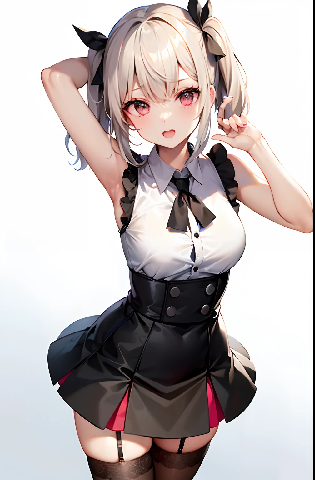 best quality, ultra high res, 1girl, sleeveless white button shirt, black skirt, black choker, cute, (Kpop idol), (aegyo sal:1), (platinum blonde hair:1), ((puffy eyes)), looking at viewer, full body, facing front