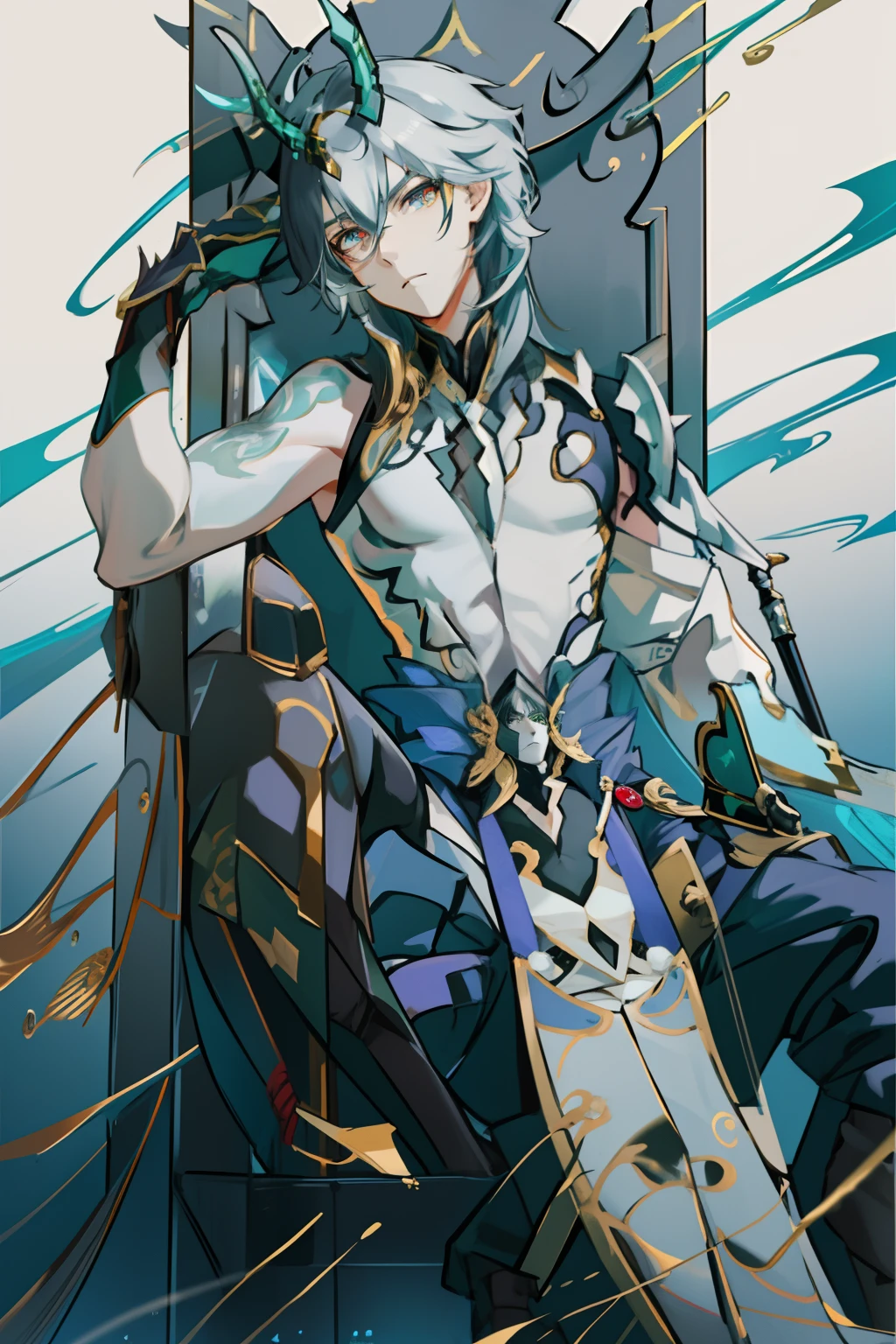 (absurderes,A high resolution,Hyper-detailing,hdr),Dragon's horn,younge boy,tmasterpiece,best qualtiy,1人,独奏,Handsome,Golden eyes,Fine eyes and detailed face,toppless,Tattooed with,arma,seated on a throne,Indifferent and arrogant,Abs,chest muscle,Raised sexy,Ruffian,Show your temperament,Male,masculine appeal,Male characteristics are distinct,Long messy hair,Arrogant,self-assured,Sitting majestically on the throne,Legs crossed,white pantie,supreme,Lazy,Handsome,