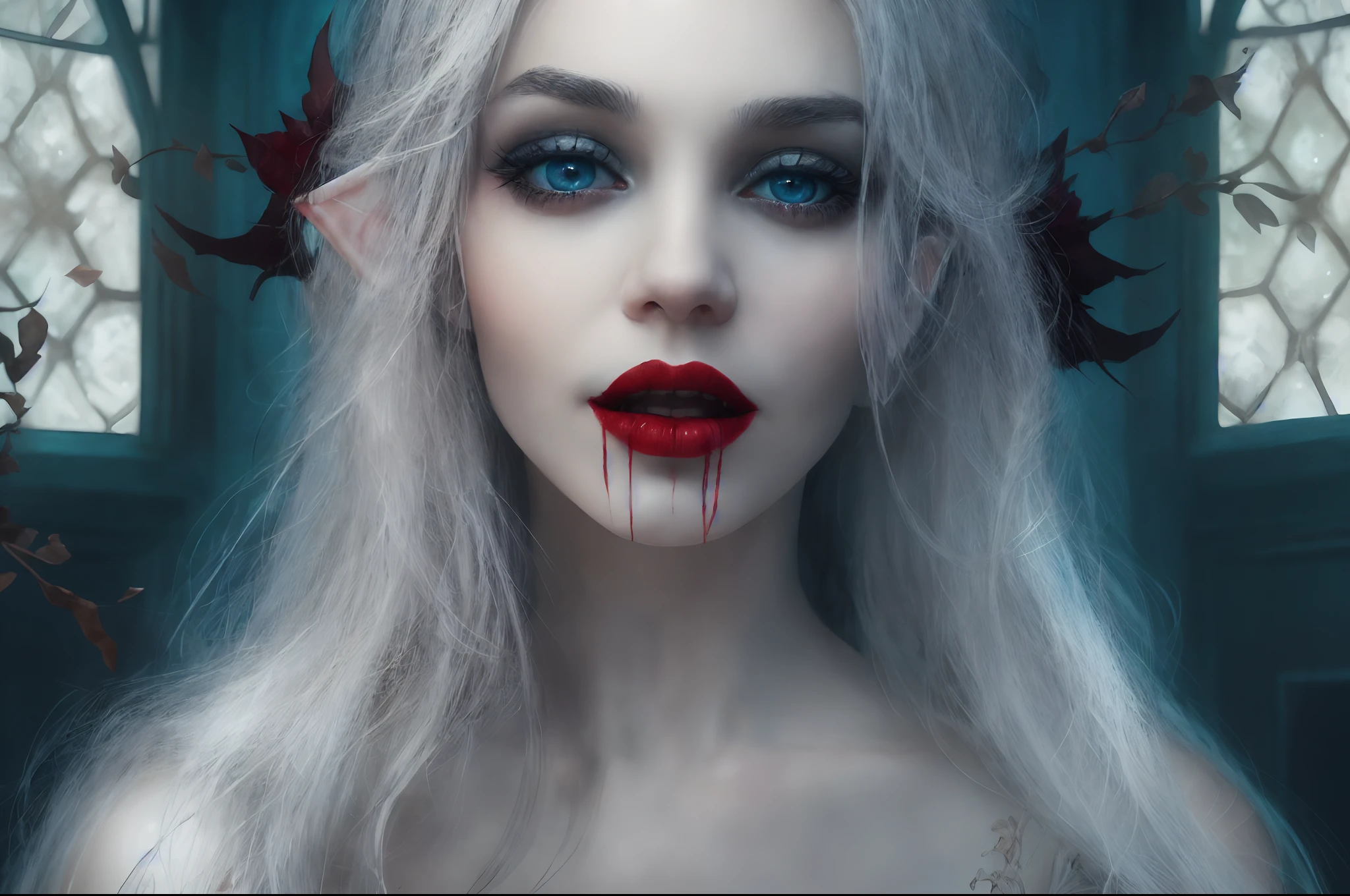 a picture of vampire elf in her castle, an exquisite beautiful female vampire elf standing under the starry night sky,  full body (ultra detailed, Masterpiece, best quality), ultra detailed face (ultra detailed, Masterpiece, best quality), grey skin, blond hair, wavy hair, blue eyes, cold eyes, glowing eyes, intense eyes,  small pointed ears, smirking, smile with [[drops of blood on face]] (ultra detailed, Masterpiece, best quality), dark red lips, [vampire fangs], wearing white dress (ultra detailed, Masterpiece, best quality), dark blue cloak, high heeled boots in starry night sky, high details, best quality, 8k, [ultra detailed], masterpiece, best quality, (ultra detailed), full body, ultra wide shot, photorealism, Larry Elmore style, dark fantasy art, gothic art, many stars,  gothic art, sense of dread,