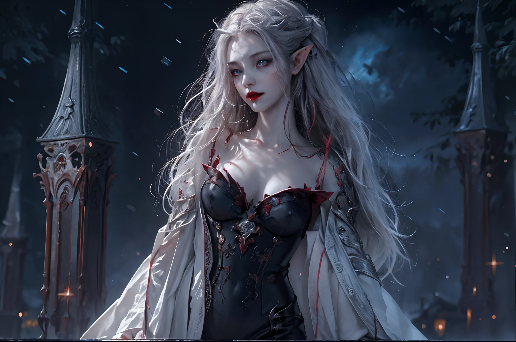 a picture of vampire elf in her castle, an exquisite beautiful female vampire elf standing under the night sky , full body (ultra detailed, Masterpiece, best quality), ultra detailed face (ultra detailed, Masterpiece, best quality), grey skin, blond hair, wavy hair, blue eyes, cold eyes, glowing eyes, intense eyes,  small pointed ears, smirking, smile with [[drops of blood on face]] (ultra detailed, Masterpiece, best quality), dark red lips, [vampire fangs], wearing white dress (ultra detailed, Masterpiece, best quality), dark blue cloak, high heeled boots [[in starry night sky]], high details, best quality, 8k, [ultra detailed], masterpiece, best quality, (ultra detailed), full body, ultra wide shot, photorealism, Larry Elmore style, dark fantasy art, gothic art, many stars,  gothic art, sense of dread,
