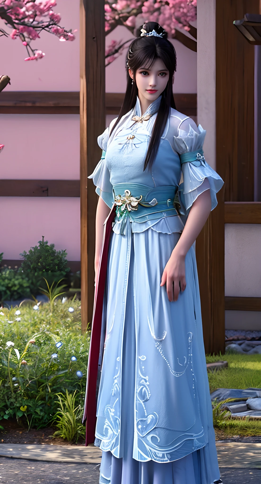 Araki in a blue and white dress stands on the grass, full-body xianxia, Inspired by Lan Ying, Inspired by Qiu Ying, inspired by Du Qiong, inspired by Li Mei-shu, Inspired by Li Tang, inspired by Leng Mei, Palace ， A girl in Hanfu, Chinese costume, heise jinyao