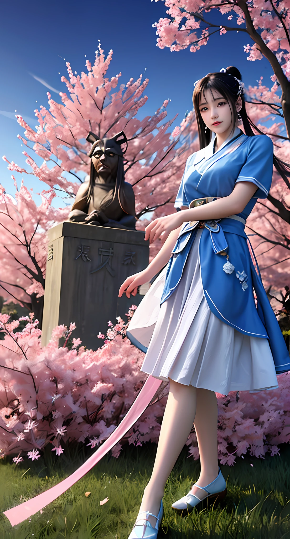 Araki in a blue and white dress stands on the grass, full-body xianxia, Inspired by Lan Ying, Inspired by Qiu Ying, inspired by Du Qiong, inspired by Li Mei-shu, Inspired by Li Tang, inspired by Leng Mei, Palace ， A girl in Hanfu, Chinese costume, heise jinyao