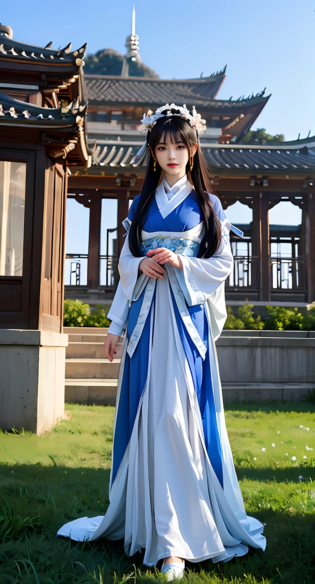 Araki in a blue and white dress stands on the grass, full-body xianxia, Inspired by Lan Ying, Inspired by Qiu Ying, inspired by Du Qiong, inspired by Li Mei-shu, Inspired by Li Tang, inspired by Leng Mei, Palace ， A girl in Hanfu, Chinese costume, heise jinyao