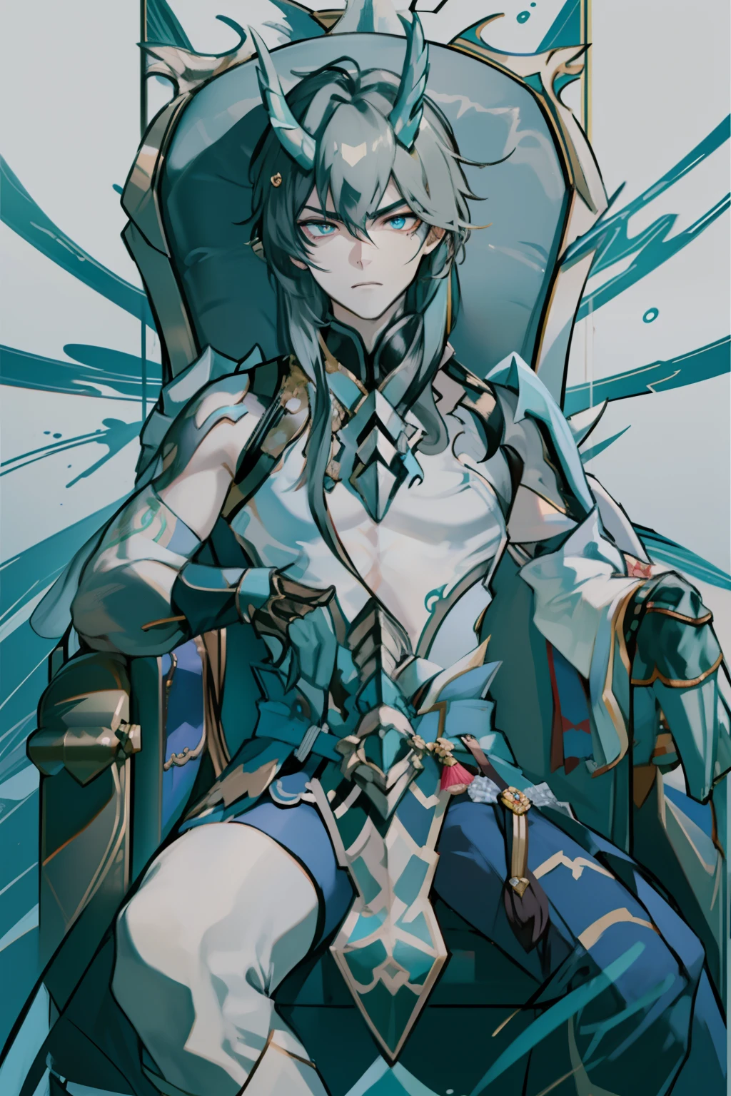 (absurderes,A high resolution,Hyper-detailing,hdr),Dragon's horn,younge boy,tmasterpiece,best qualtiy,1人,独奏,Handsome,Golden eyes,Fine eyes and detailed face,toppless,Tattooed with,arma,seated on a throne,Indifferent and arrogant,Abs,chest muscle,Raised sexy,Ruffian,Show your temperament,Male,masculine appeal,Male characteristics are distinct,Long messy hair,Arrogant,self-assured,Sitting majestically on the throne,pondering,Legs crossed,white pantie,supreme,Lazy,Handsome,