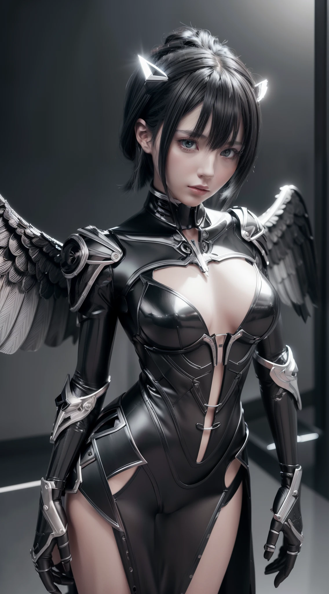 Mechanical style，Black Themes,(1 mechanical female angel,Anatomically correct,full bodyesbian, ,Black and silver wings,The girl stands,circular base),Black and white background, (a 3D render,Best quality, high detal, Masterpiece, offcial art, Cinematic lighting, 4K, Chiaroscuro)，Oversized bust，scratching head