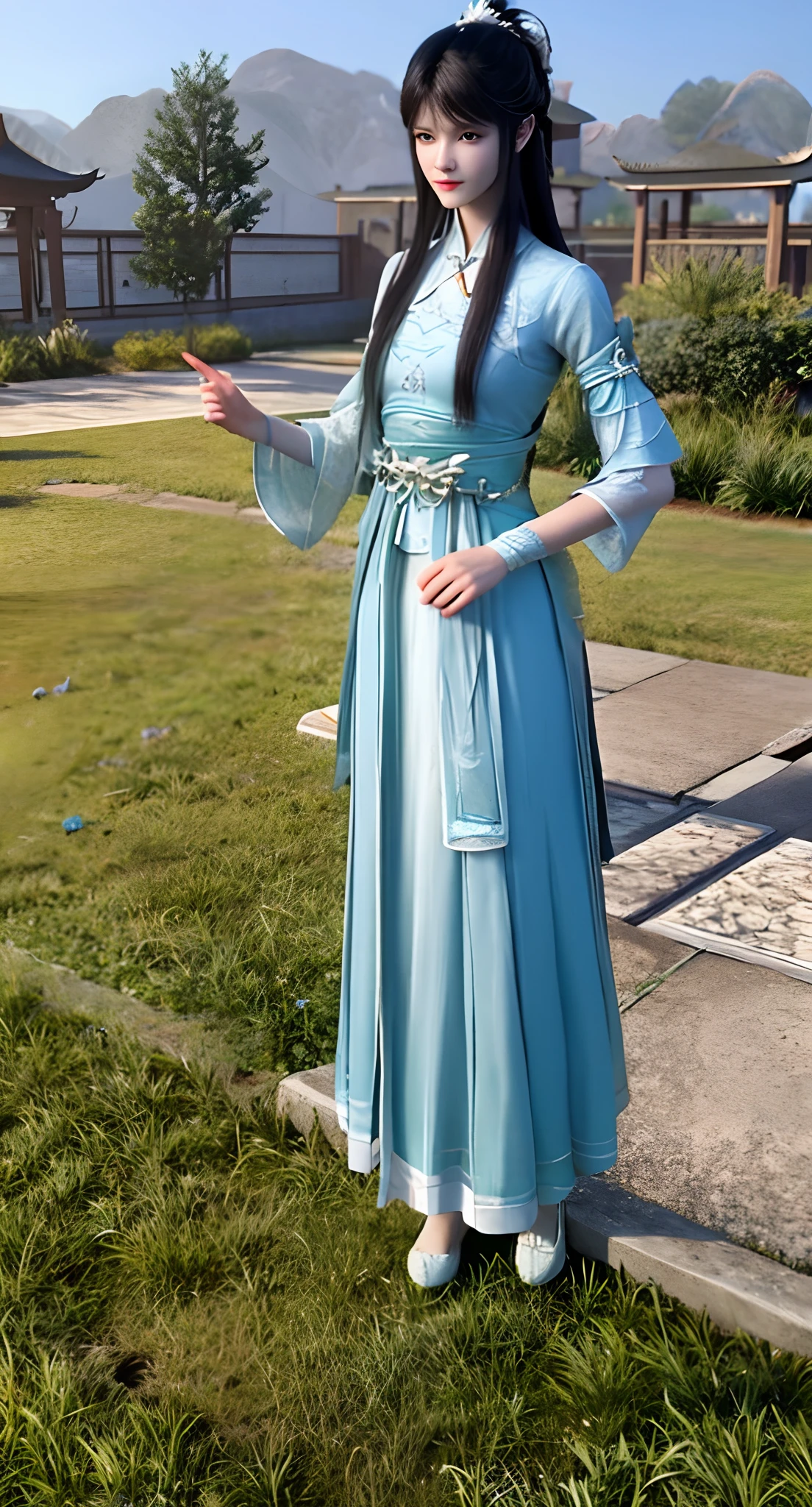 Araki in a blue and white dress stands on the grass, full-body xianxia, Inspired by Lan Ying, Inspired by Qiu Ying, inspired by Du Qiong, inspired by Li Mei-shu, Inspired by Li Tang, inspired by Leng Mei, Palace , A girl in Hanfu, Chinese costume, heise jinyao