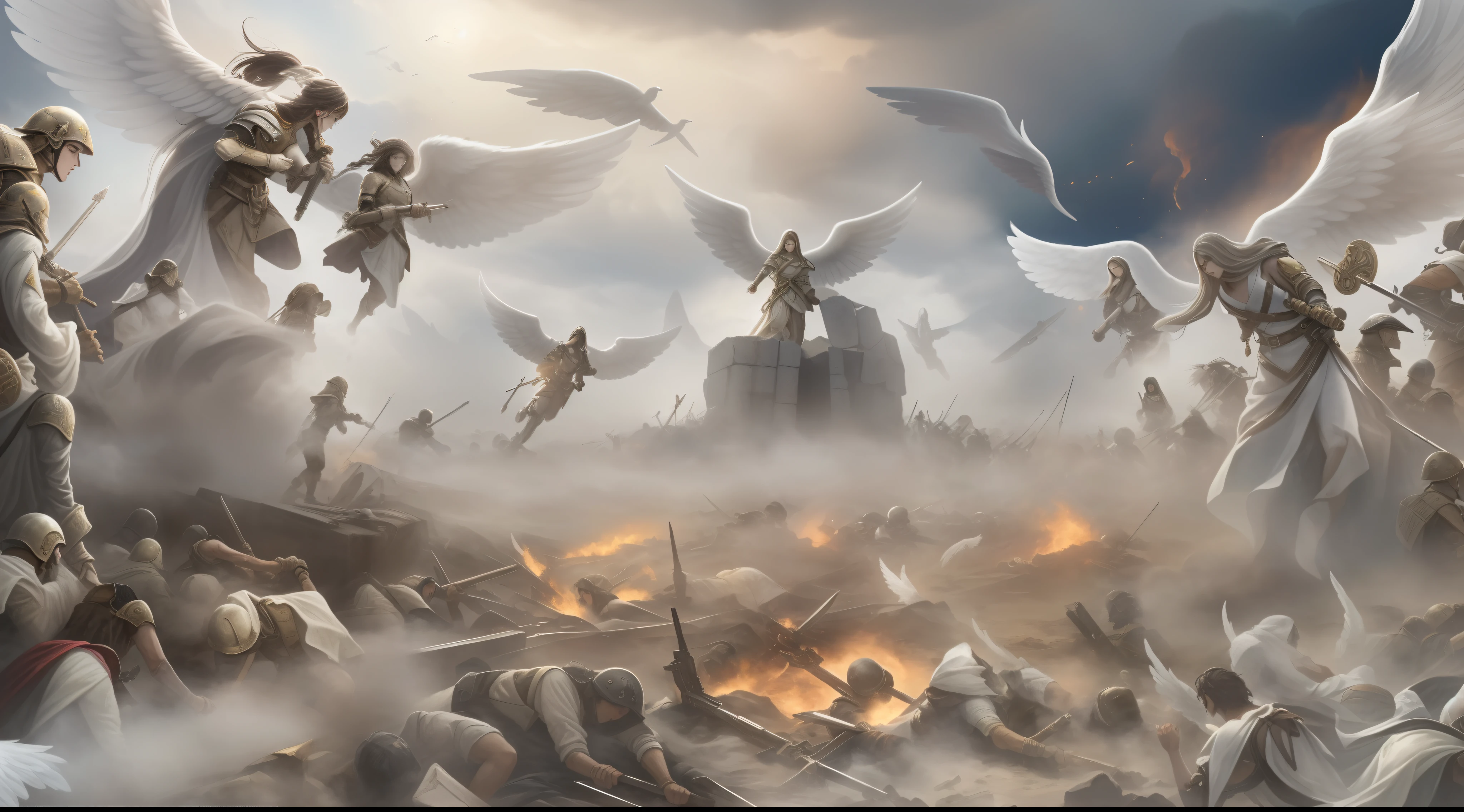 Create an epic Bataha image of a place called Armageddon., Remarks from the Apocalypse, Depressive environment, Lots of dust and fog,Ultra-realistic images, Thousands of soldiers dressed as heavenly angels on the battlefield in battle positions, Thousands of soldiers ready to attack,, Many soldiers dressed in white with angels, The perfect angel face,Thousands of angels with the skin of an angel's perfect face, Perfect Angels, Fight with the weapons of colorful ancestors, Battle of Armageddon.