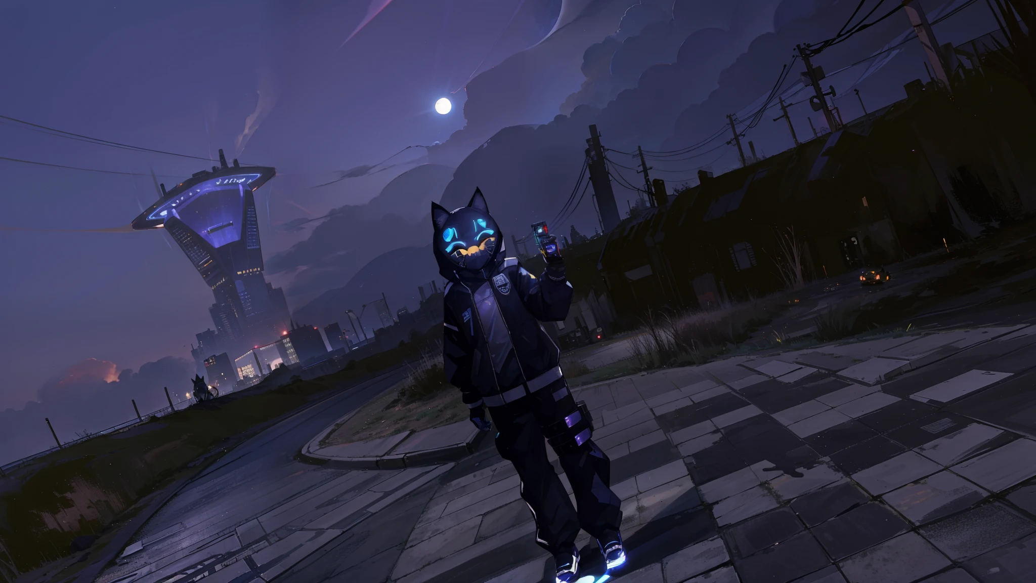 there is a man in a cat mask standing on a sidewalk, vrchat, in front of a sci fi cityscape, distant full body shot, one blue ) and huge bat ears, full_body!!, in a cybercity, lunar themed attire, nighttime!!, fully robotic!! catgirl, wearing space techwear, nekomimi, dark blue and black