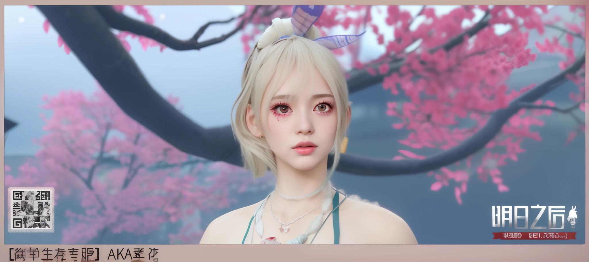 There was a woman with a necklace and necklace on her head, Sakura Kinomoto, with very highly detailed face, pink twintail hair and cyan eyes, render of april, sakura season dynamic lighting, shikamimi, 8K highly detailed face, Silver hair (pony tails), sakura bloomimg, [ 4 K photorealism ]!!, sakura petals around her