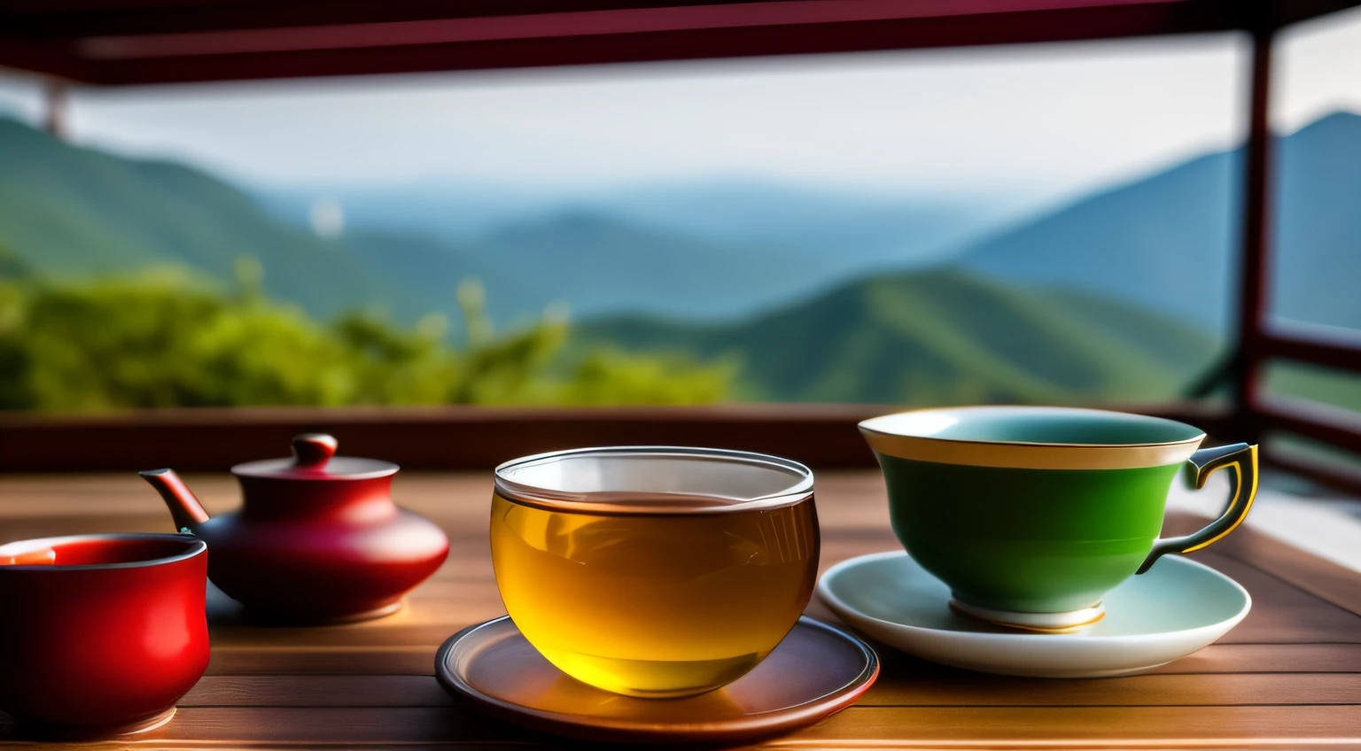 On the top of Laoshan，The background is the verdant mountains of Laoshan Mountain，The table top is the top green tea leaves picked，Next to the teacup，The teacup style is plum，orchid，chrysanthemums，Bamboo and other small fresh women like styles，Tea in the cup，To see the tea，Highlights the quality of the tea