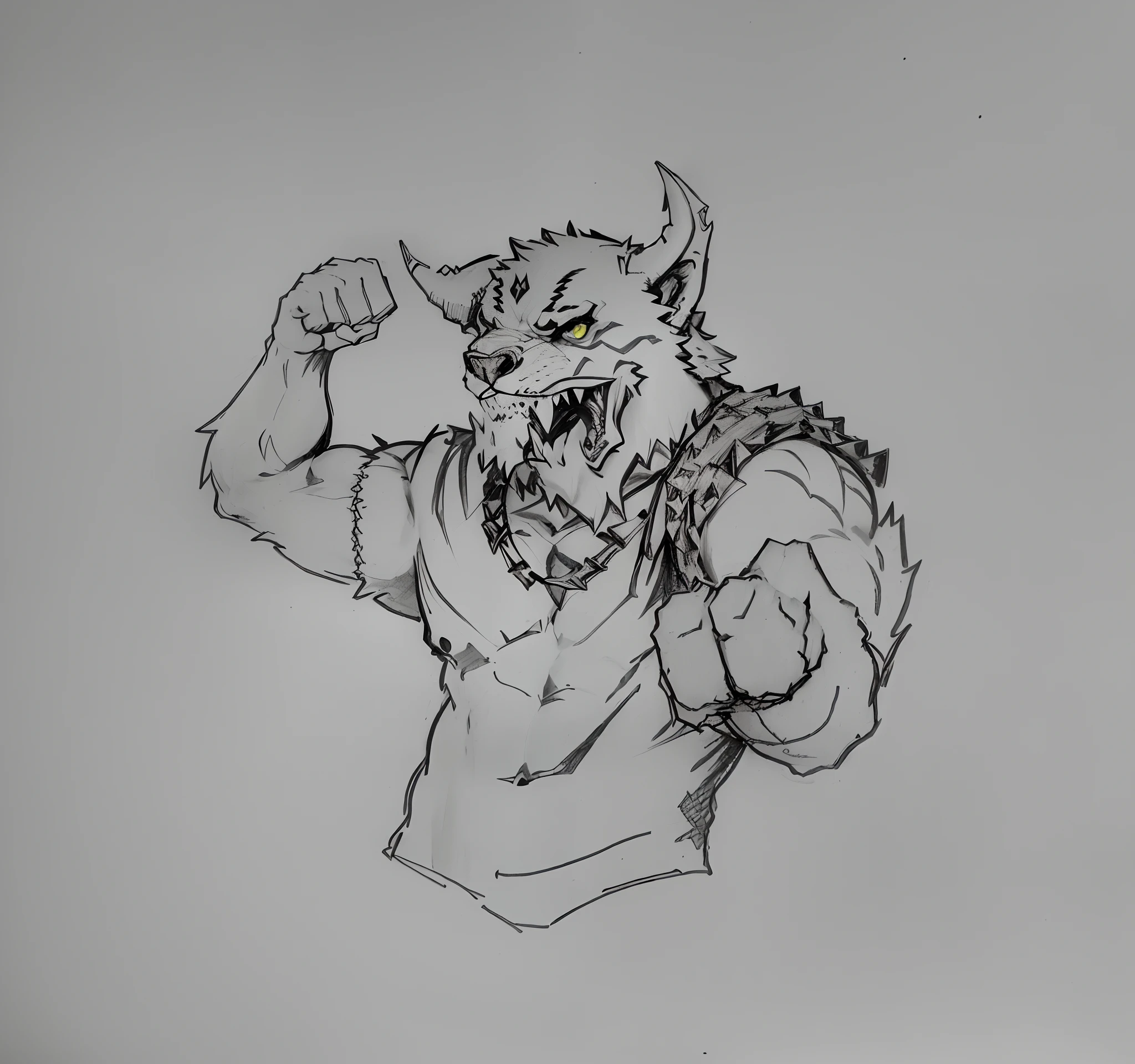 Realistic photo of a man with a horned head and a fist, pose assustadora e raivosa, lobisomem musculoso, demon-fang gnoll, (inktober) and what rough beast, um lobo minotauro, lobisomem sexy moral alta raiva , Tinta colorida, super realista em 3d