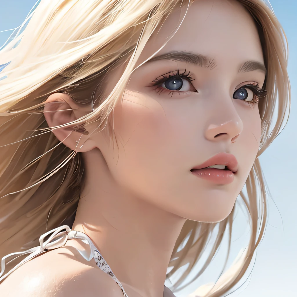 (8K, RAW Photos, of the highest quality, Masterpieces: 1.2), (Realistic, Photorealistic: 1.37), Highest Quality, Ultra High Resolution, light  leaks, Dynamic lighting, Slim and smooth skin, (Full body:1.3), (Soft Saturation: 1.6), (Fair skin: 1.2), (Glossy skin: 1.1), Oiled skin, 22 years old, Night, shiny white blonde, Well-formed, Hair fluttering in the wind, Close-up shot of face only, Physically Based Rendering, From multiple angles, The bikini