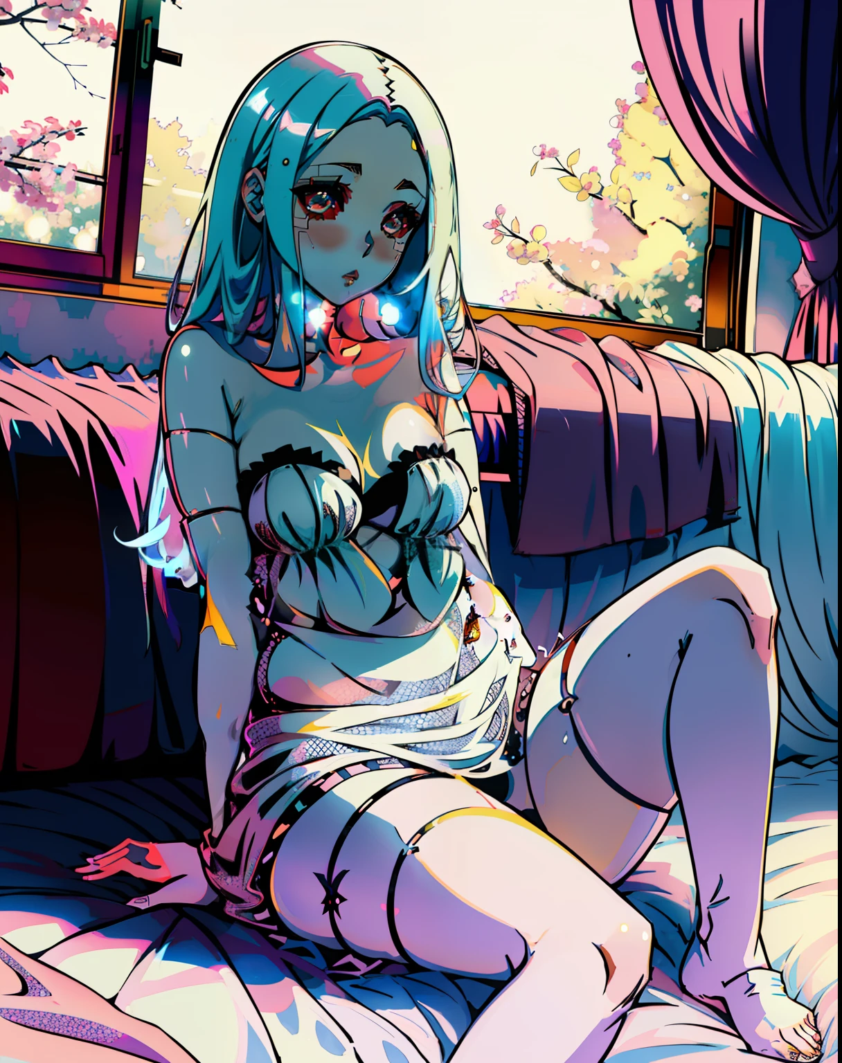 sentada en la cama, seductora chica de anime, Hermosa chica de anime en cuclillas, en Medias Blancas, , sentada en su cama, Hermoso y atractivo anime adolescente, sitting in her room, Hermosa y seductora mujer de anime cabello rubio,