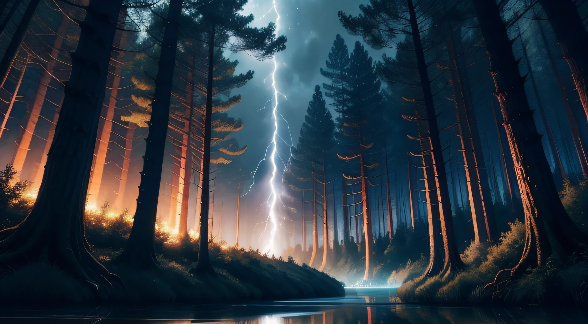 Beautiful electrical discharges at night in a fantastic forest, hight resolution, higly detailed, Photorealistic