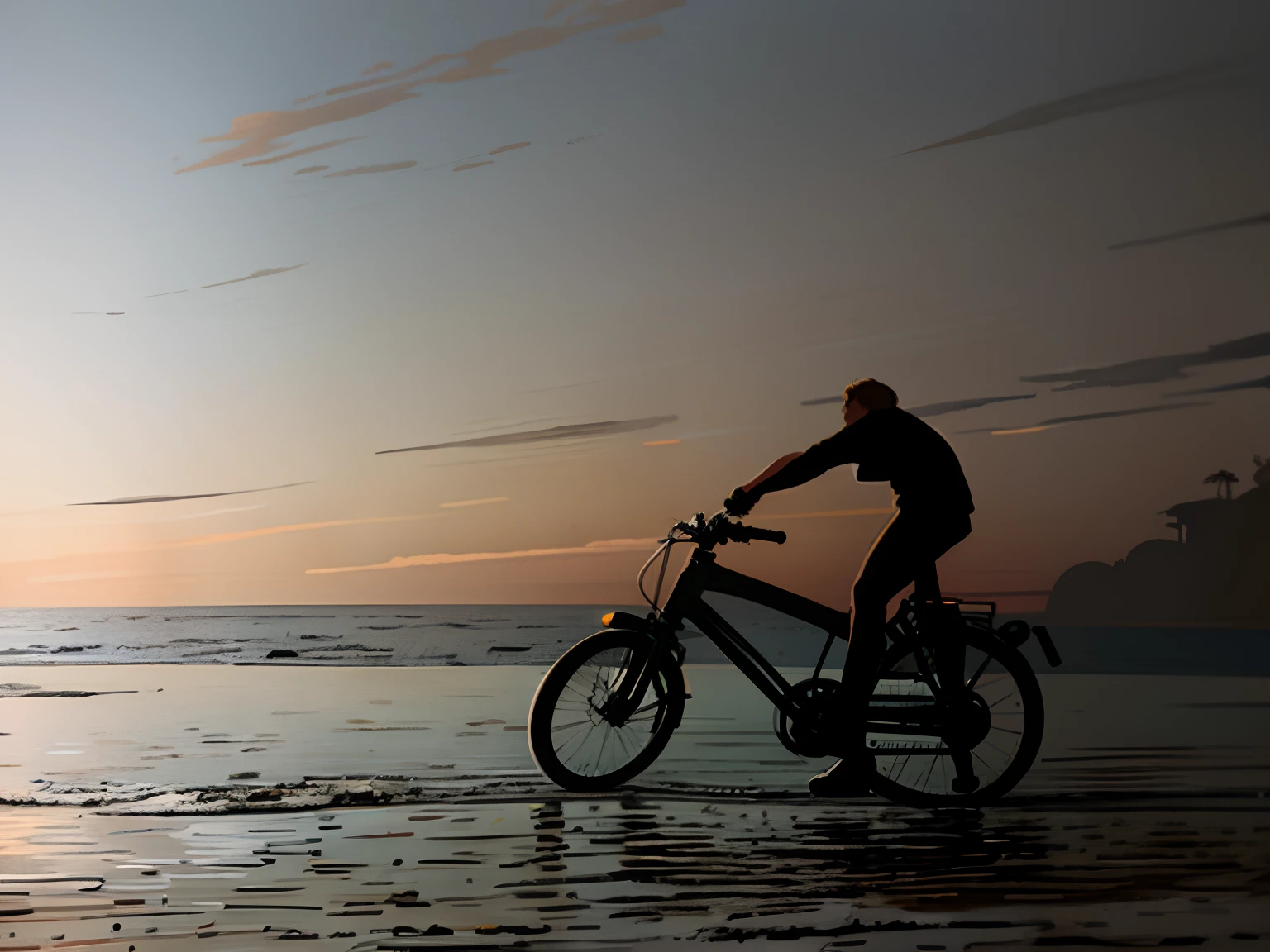 Keep the bike，The weather is raining，Dark clouds in the sky，The waves in the sea are rough，The waves are higher than the trees by the sea，The bike seemed to be surfing